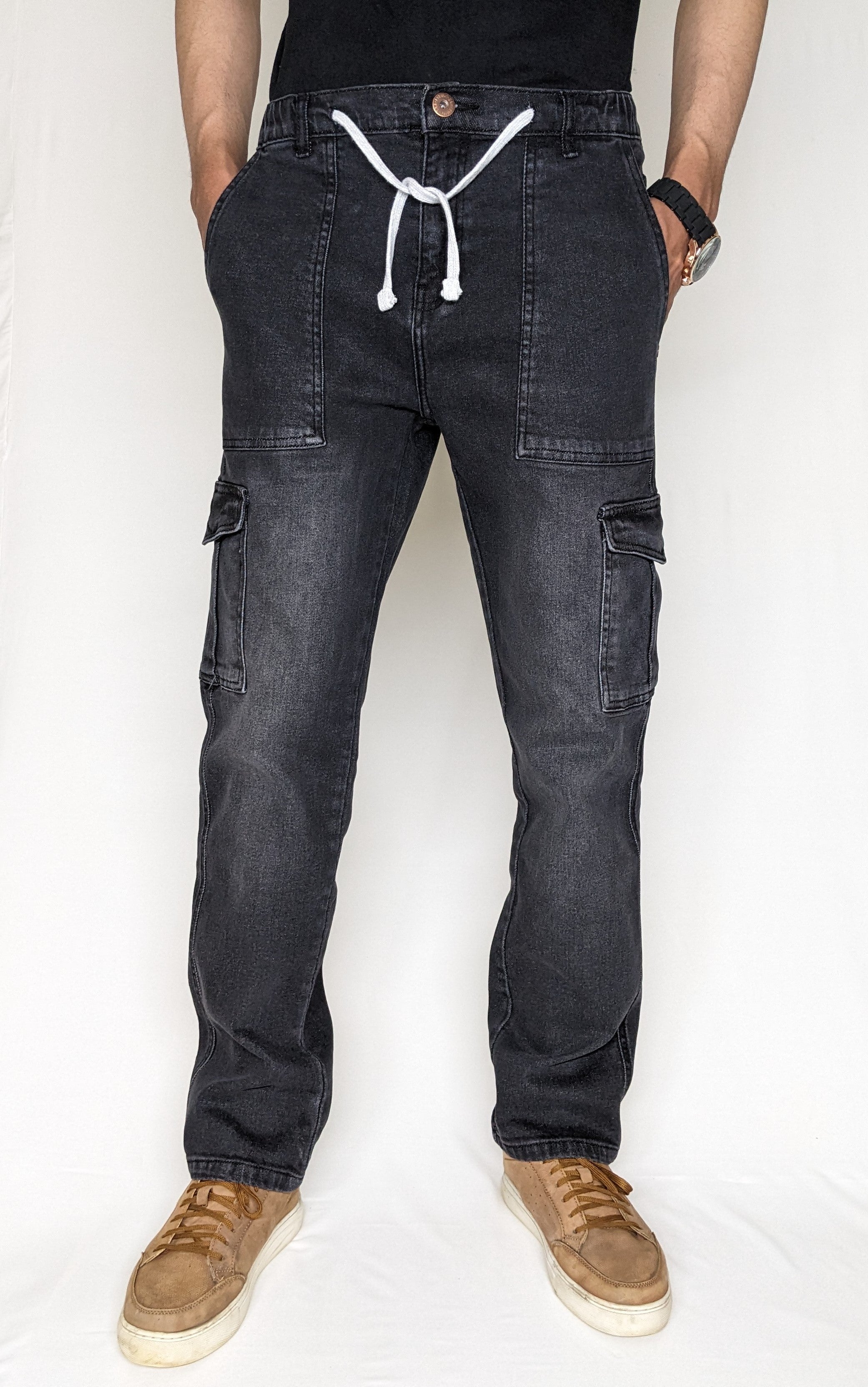 CARGO DENIM PANT WITH ELASTIC BELT AND ROPE (DARK GRAY)