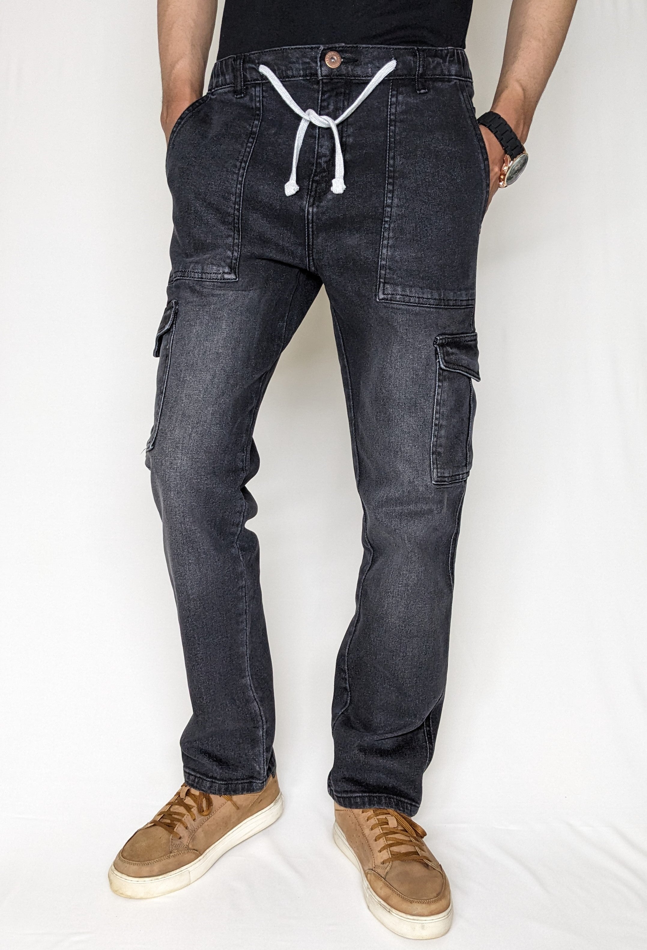 CARGO DENIM PANT WITH ELASTIC BELT AND ROPE (DARK GRAY)