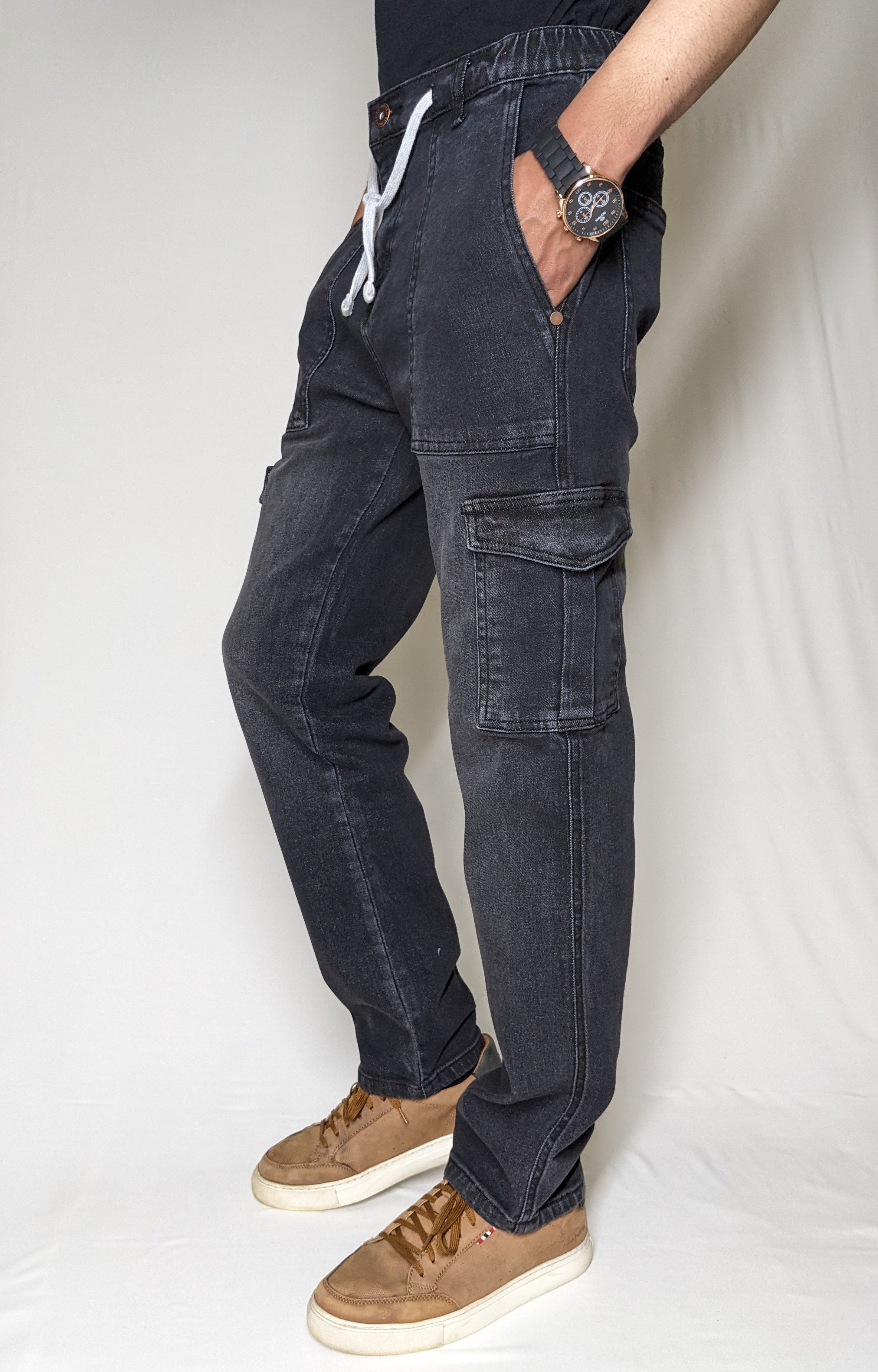 CARGO DENIM PANT WITH ELASTIC BELT AND ROPE (DARK GRAY)