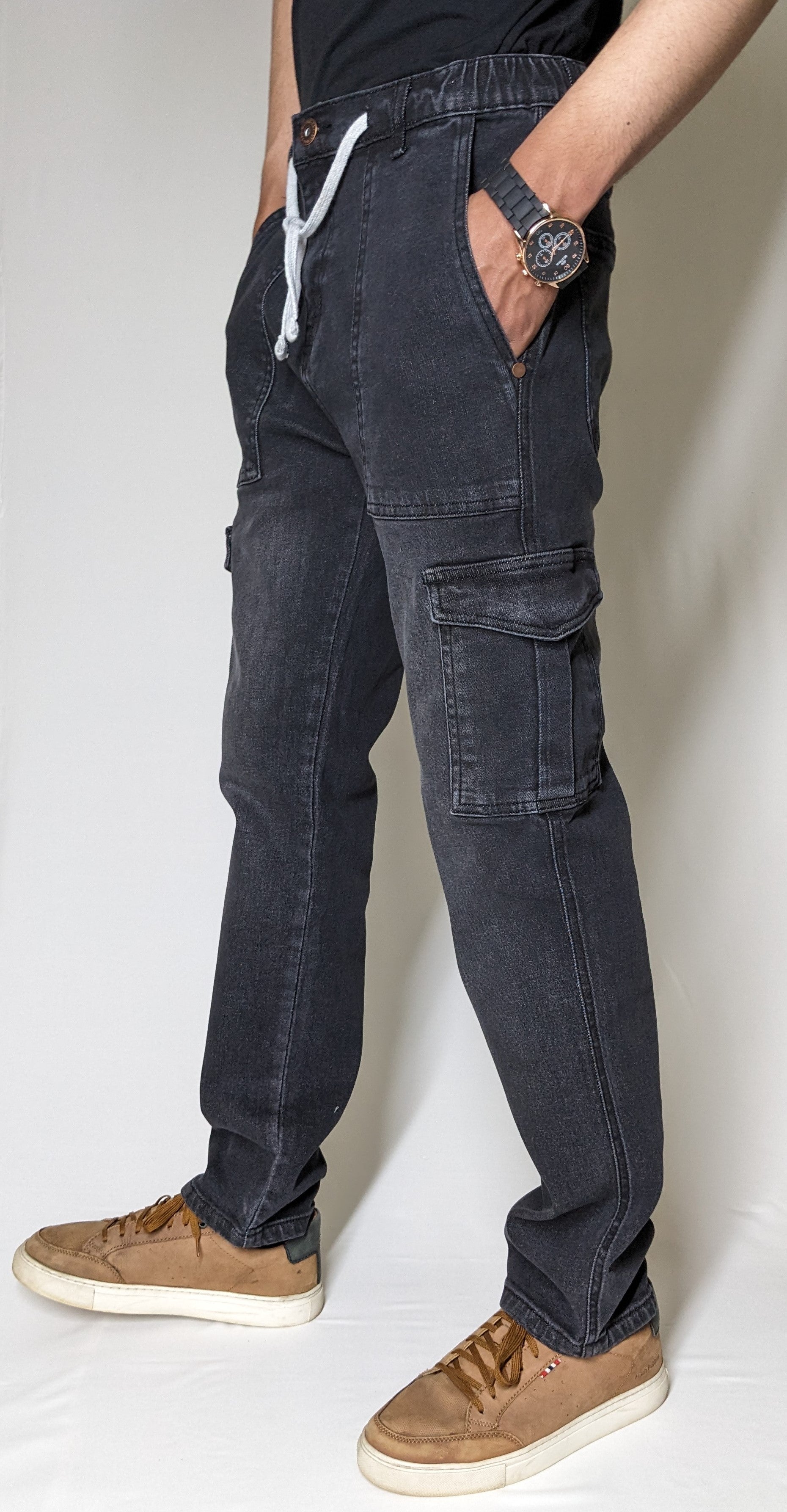 CARGO DENIM PANT WITH ELASTIC BELT AND ROPE (DARK GRAY)