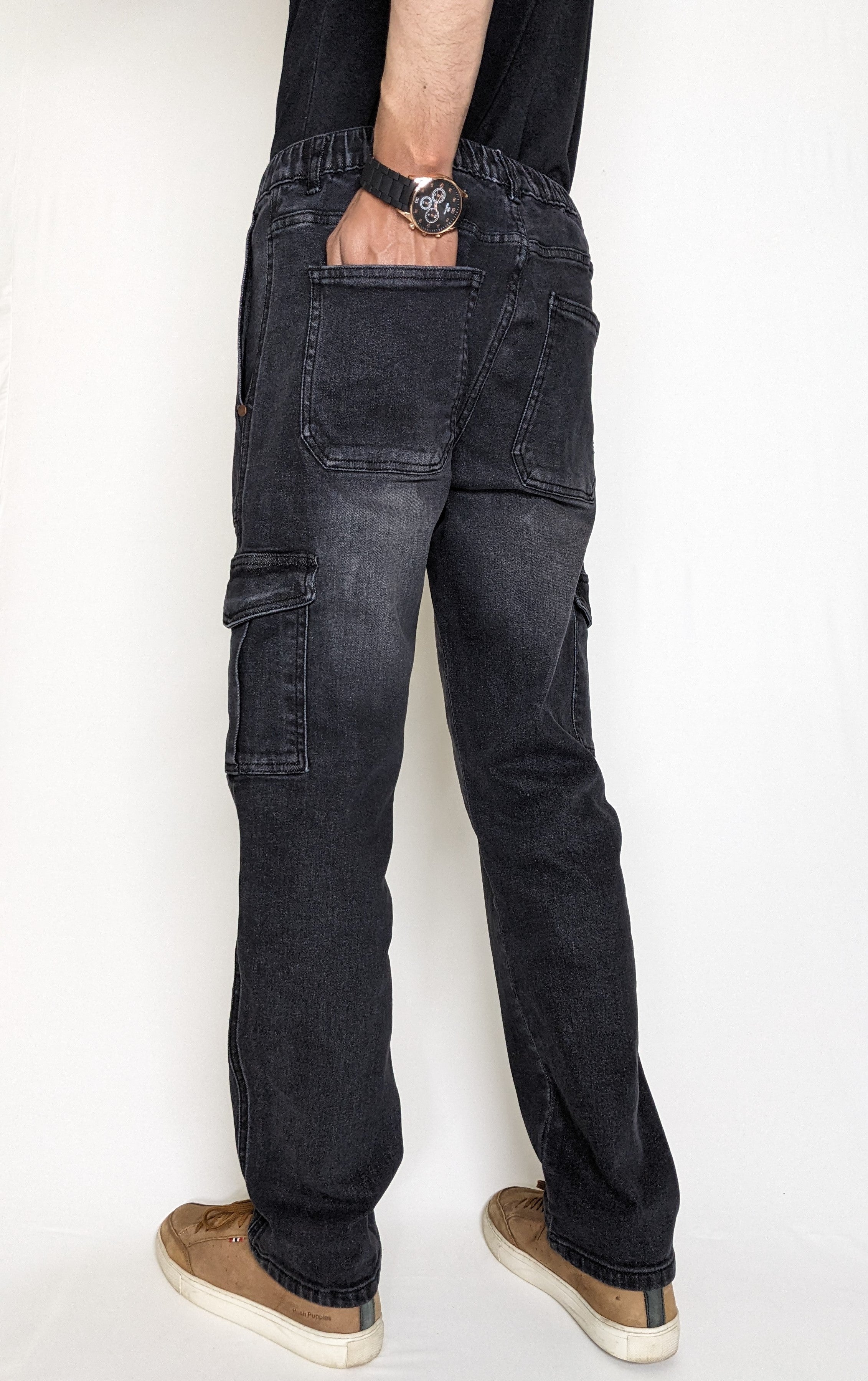 CARGO DENIM PANT WITH ELASTIC BELT AND ROPE (DARK GRAY)