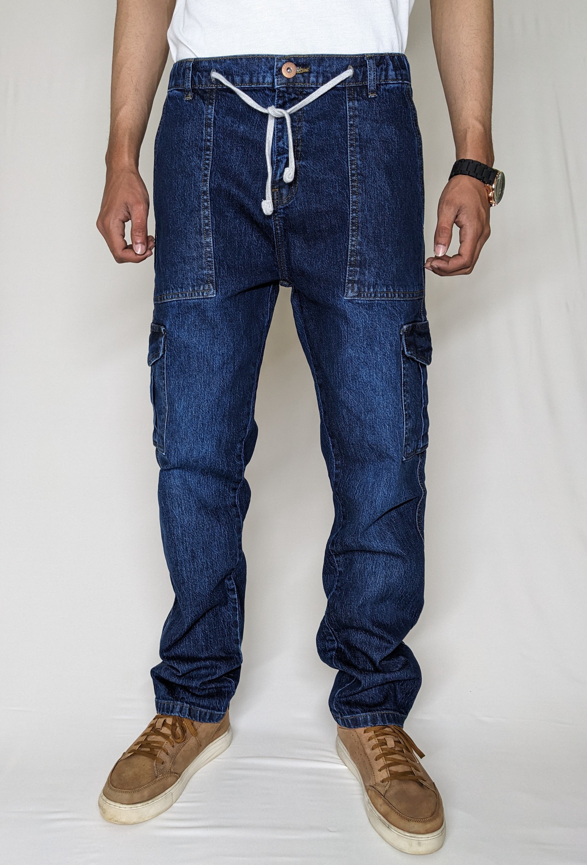 CARGO DENIM PANT WITH ELASTIC BELT AND ROPE (DARK BLUE)