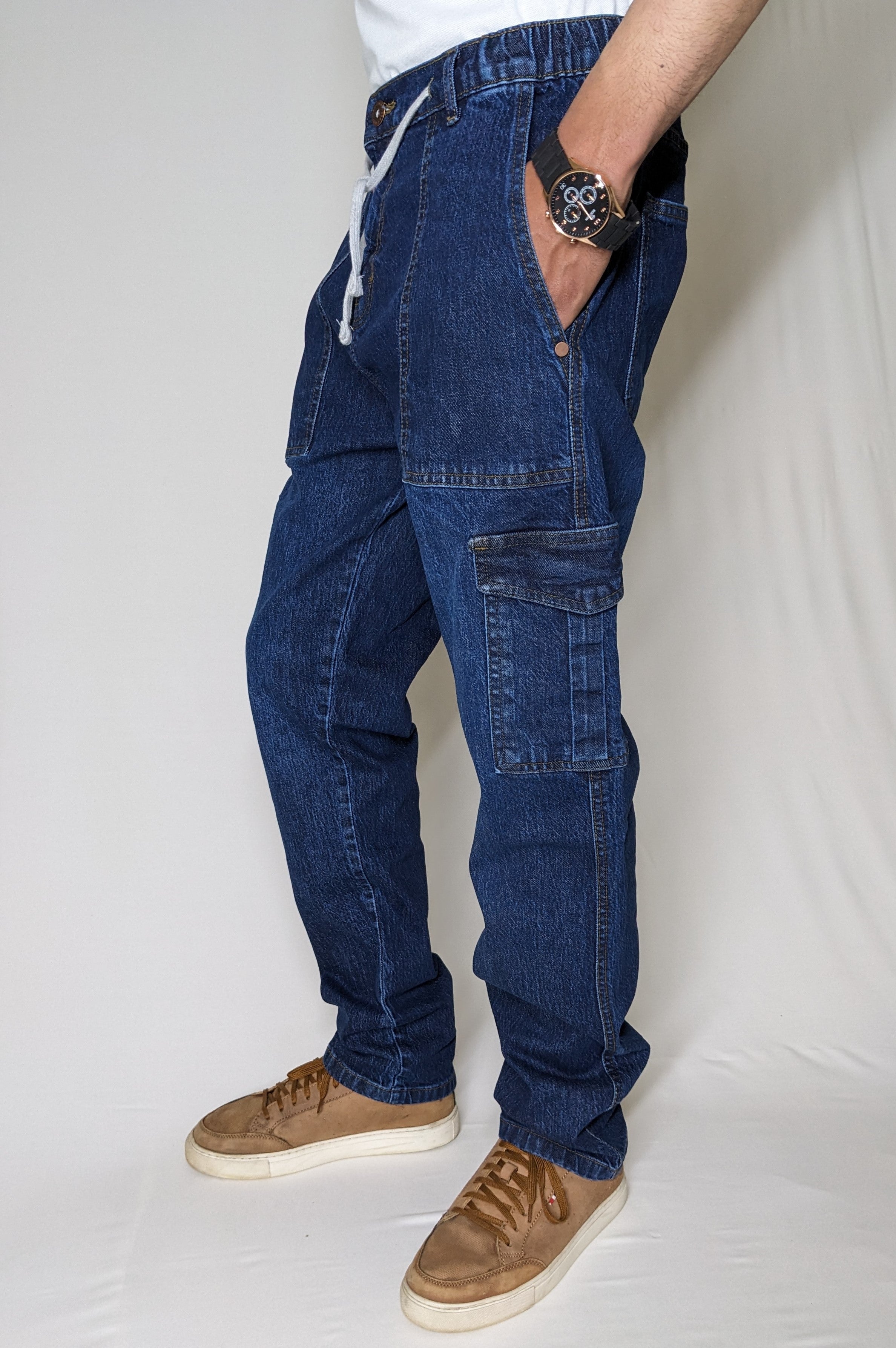 CARGO DENIM PANT WITH ELASTIC BELT AND ROPE (DARK BLUE)