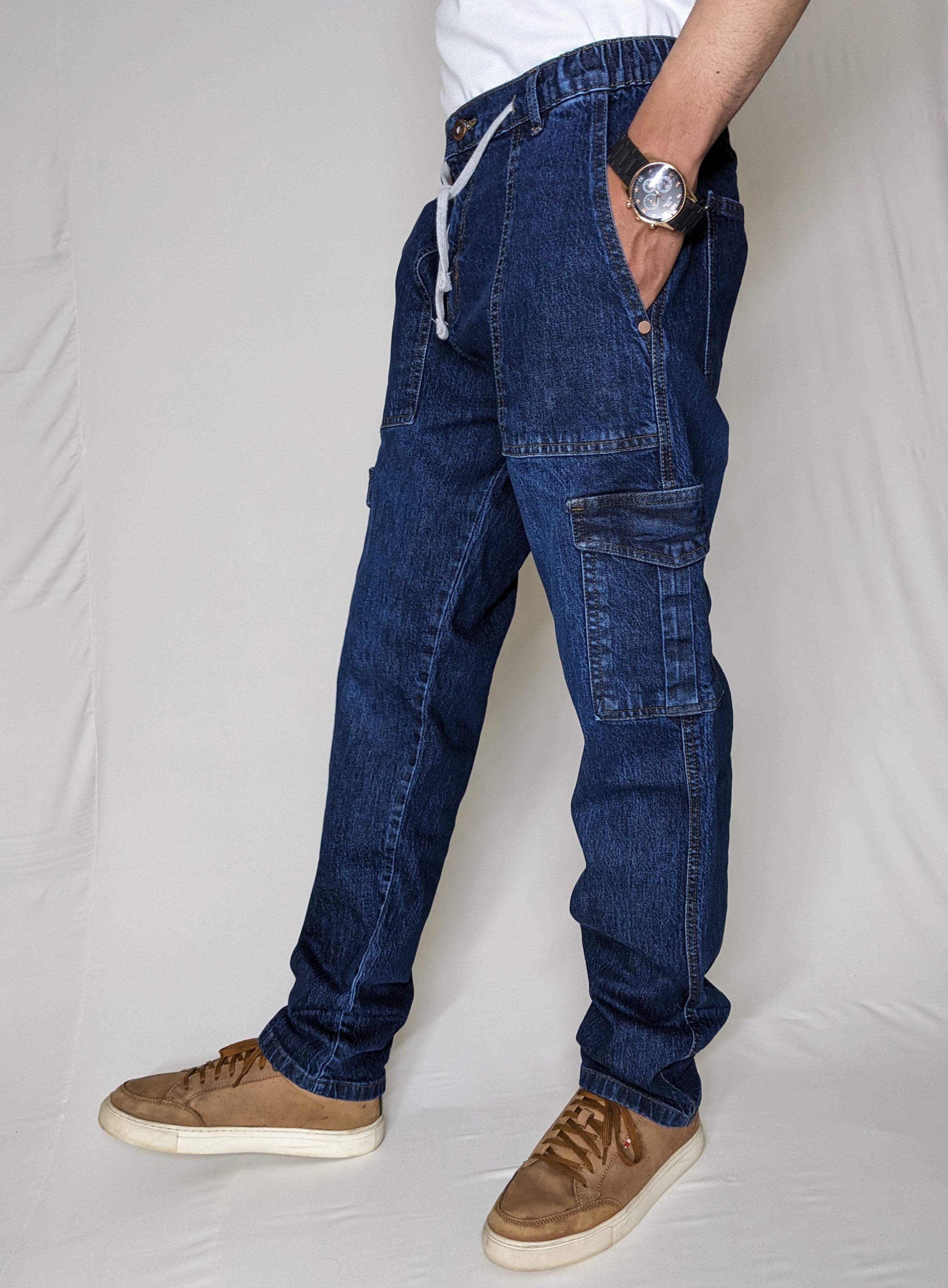 CARGO DENIM PANT WITH ELASTIC BELT AND ROPE (DARK BLUE)