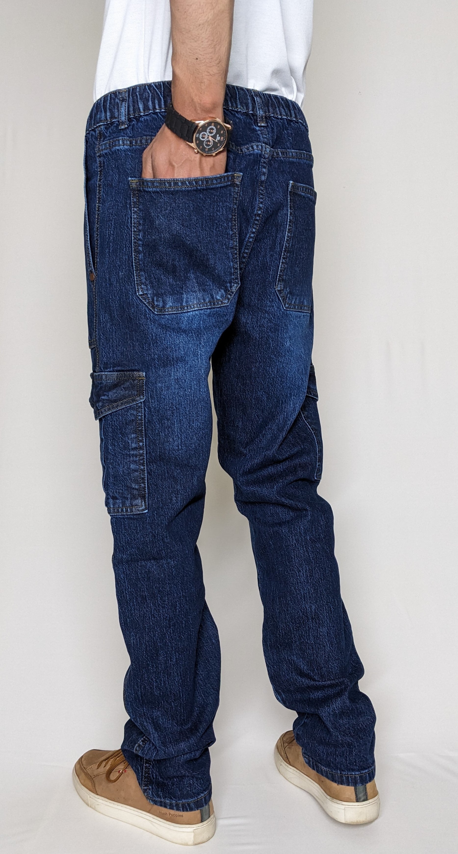 CARGO DENIM PANT WITH ELASTIC BELT AND ROPE (DARK BLUE)