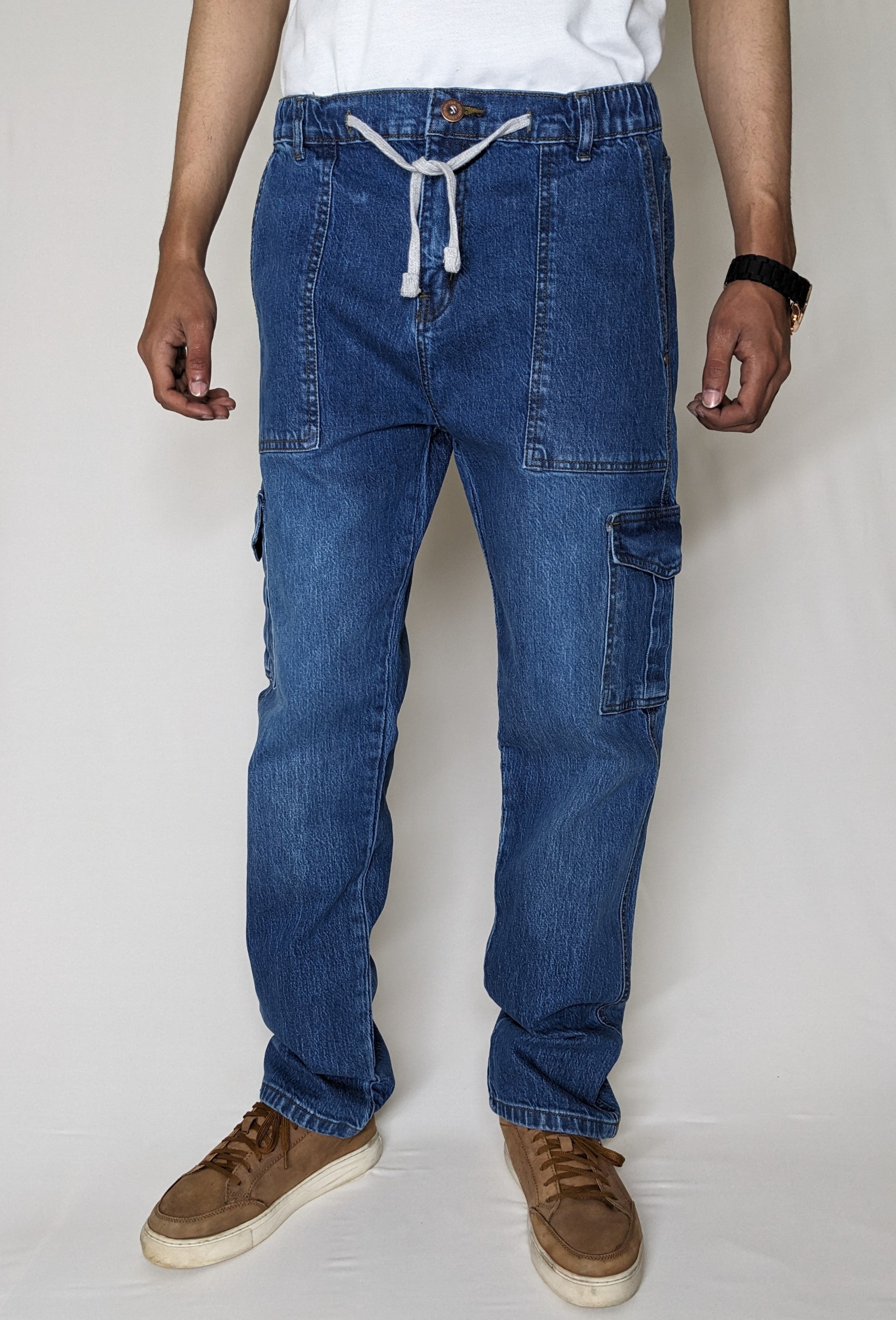 CARGO DENIM PANT WITH ELASTIC BELT AND ROPE (MID BLUE)
