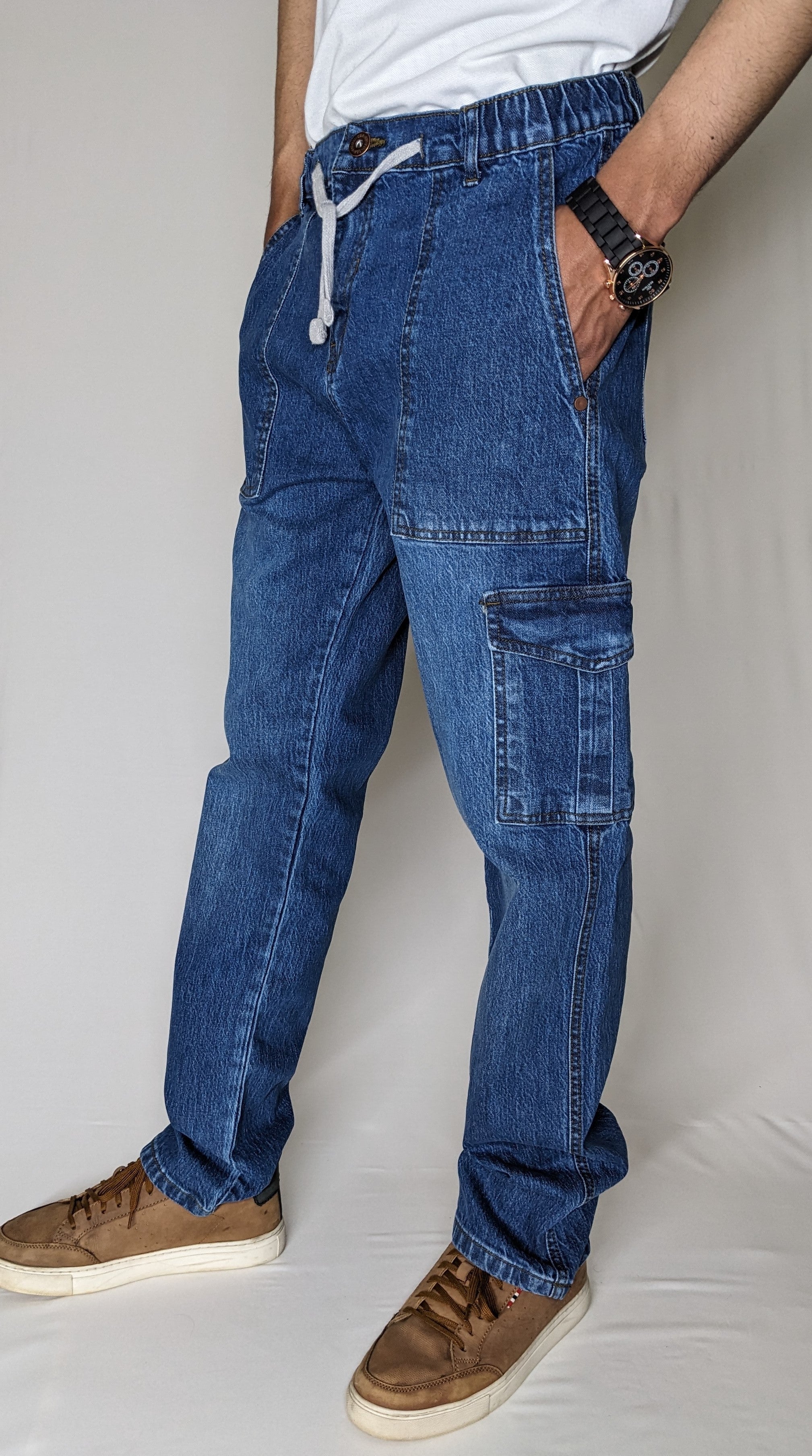CARGO DENIM PANT WITH ELASTIC BELT AND ROPE (MID BLUE)