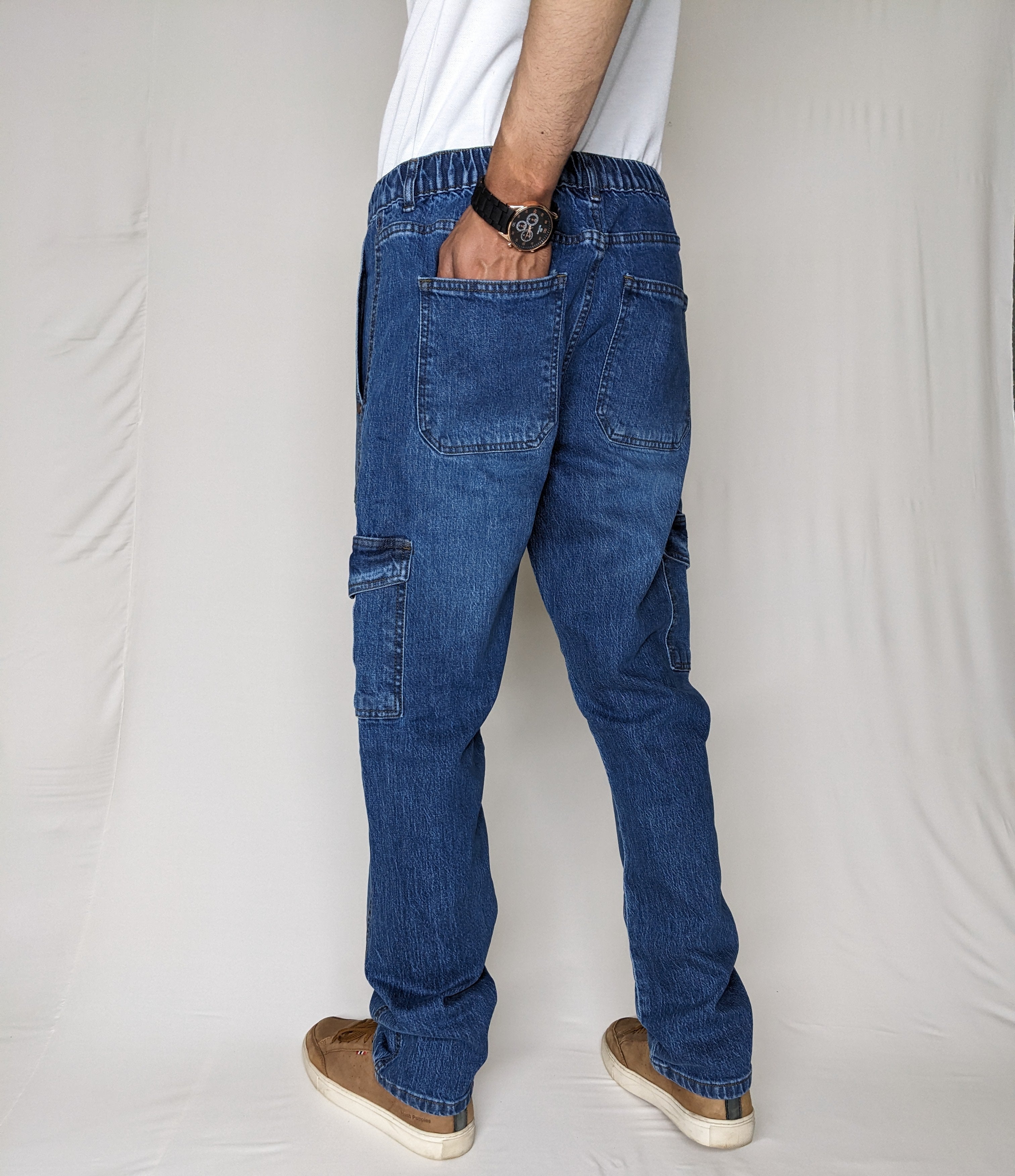 CARGO DENIM PANT WITH ELASTIC BELT AND ROPE (MID BLUE)