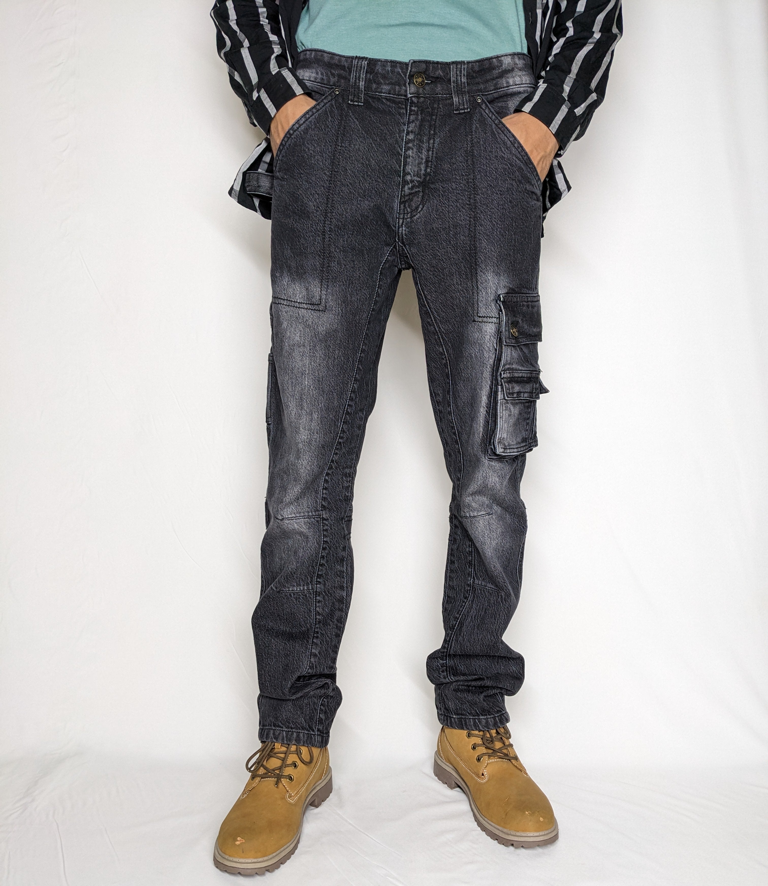 HEAVY FASHION DENIM CARGO PANT (BLACKISH GRAY)