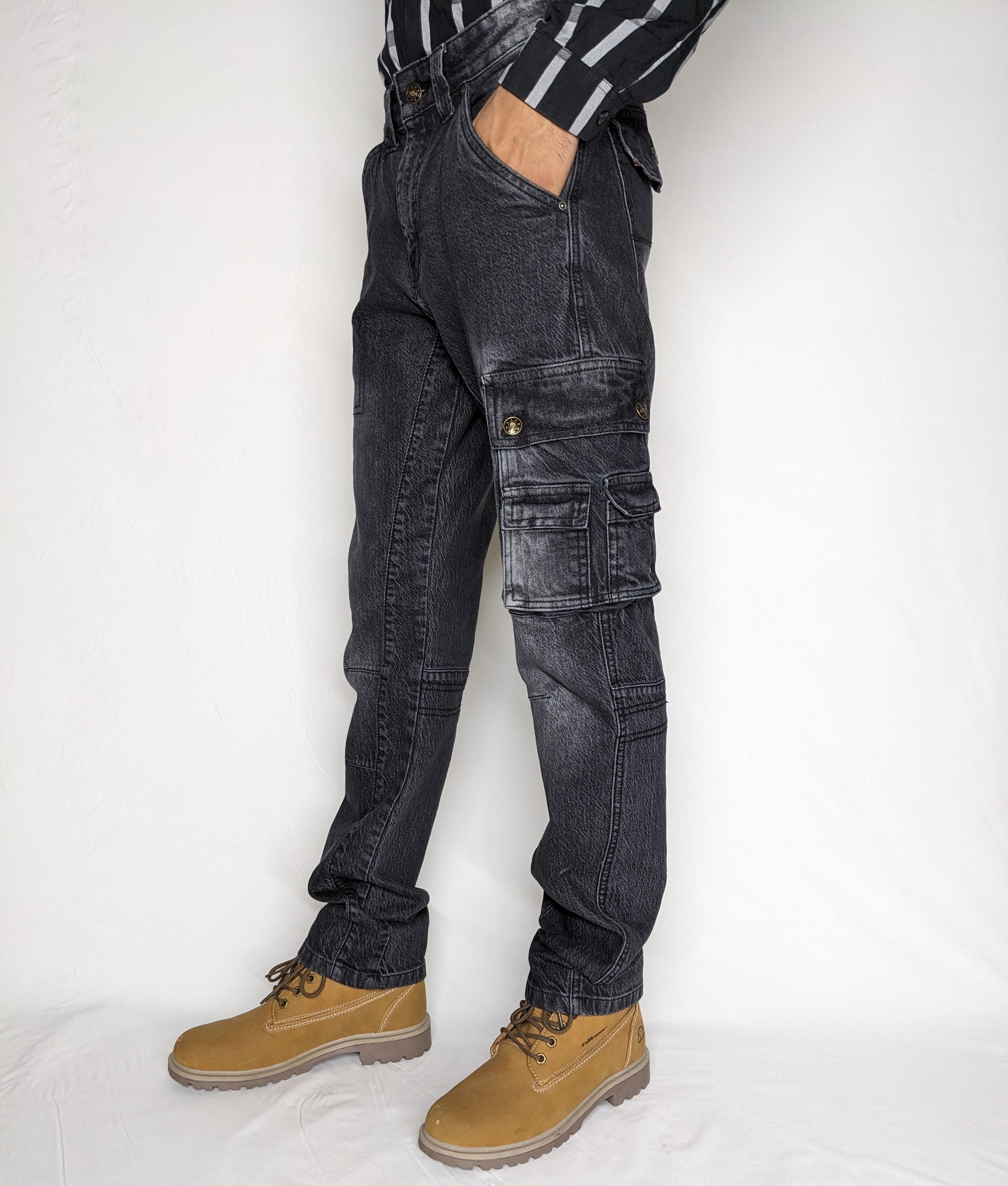 HEAVY FASHION DENIM CARGO PANT (BLACKISH GRAY)