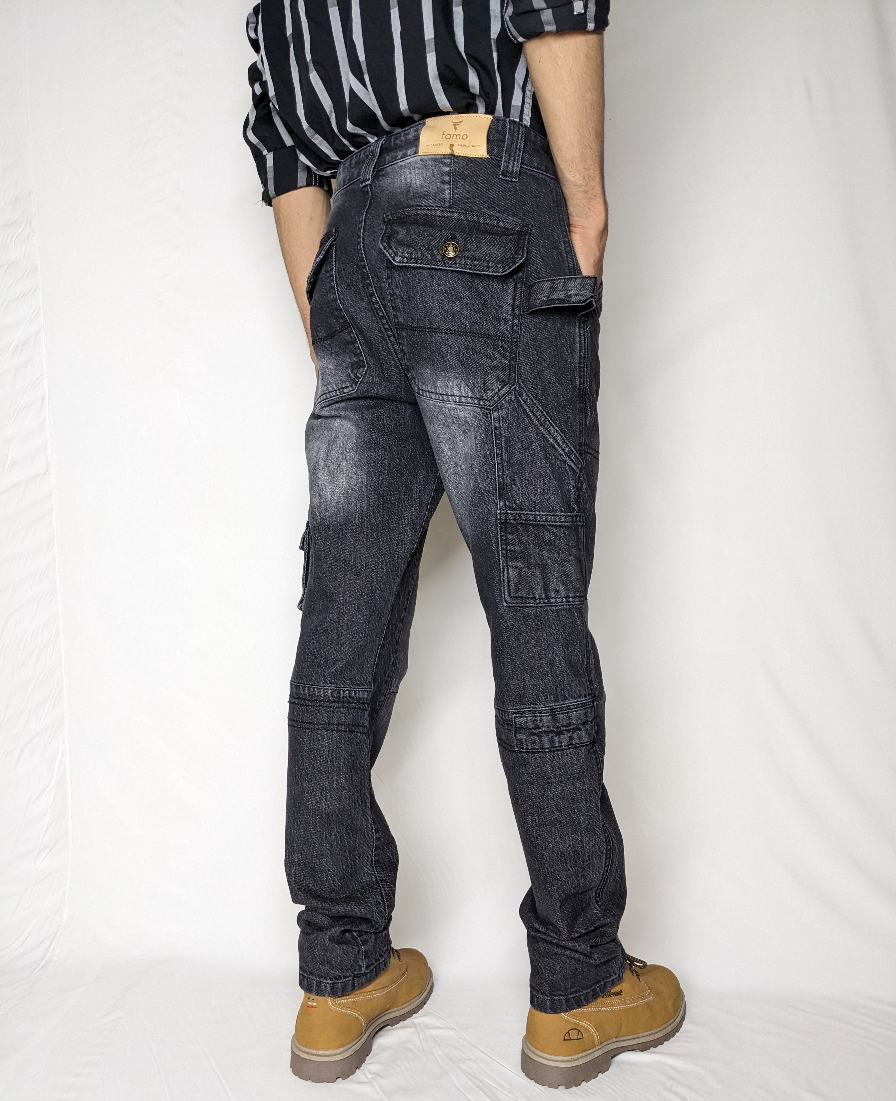 HEAVY FASHION DENIM CARGO PANT (BLACKISH GRAY)