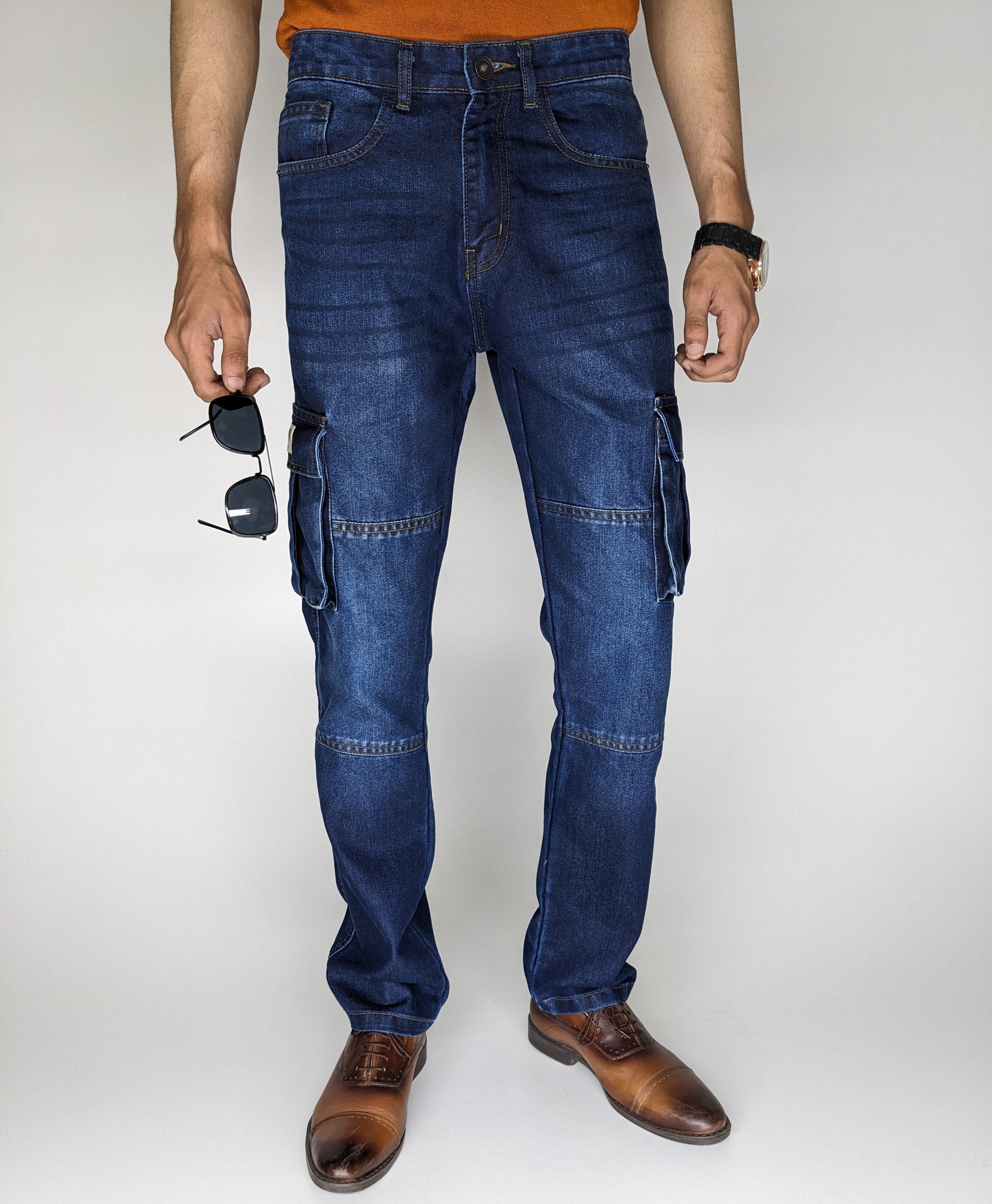 STRAIGHT FIT CARGO DENIM PANT (DARK BLUE)