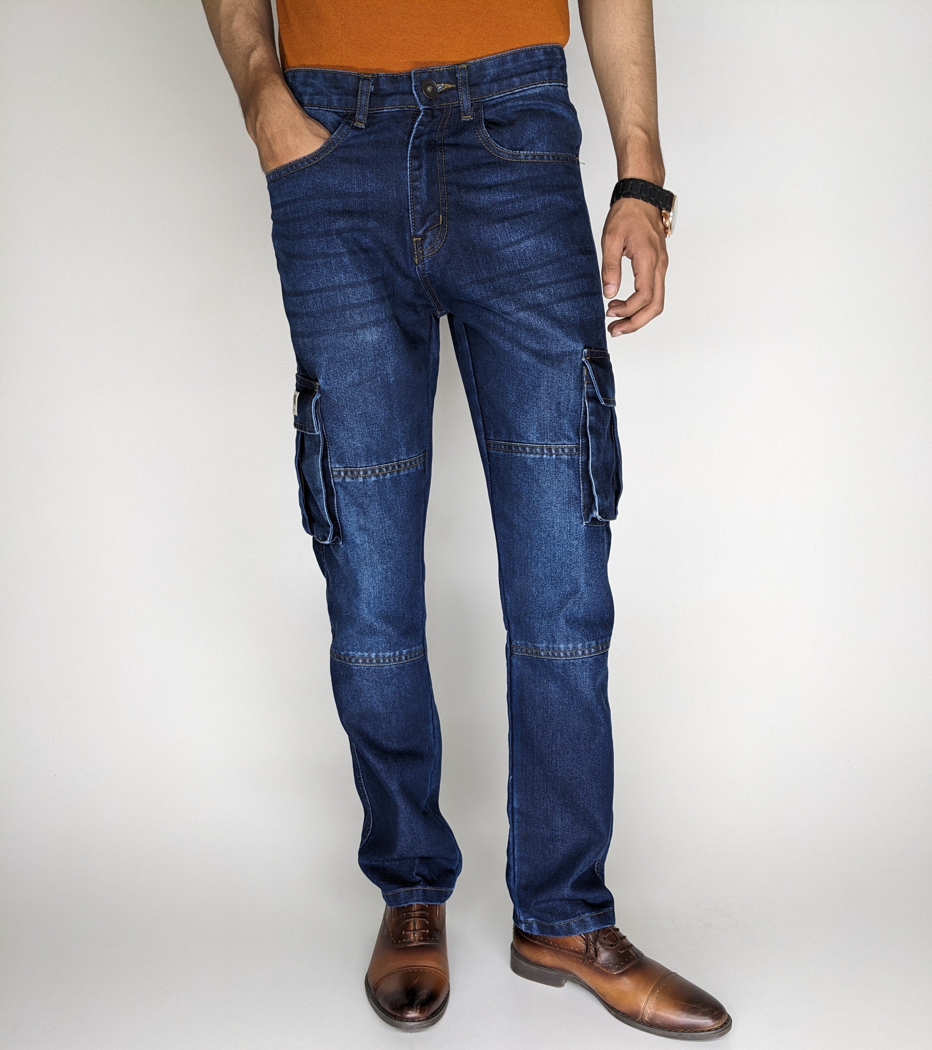 STRAIGHT FIT CARGO DENIM PANT (DARK BLUE)