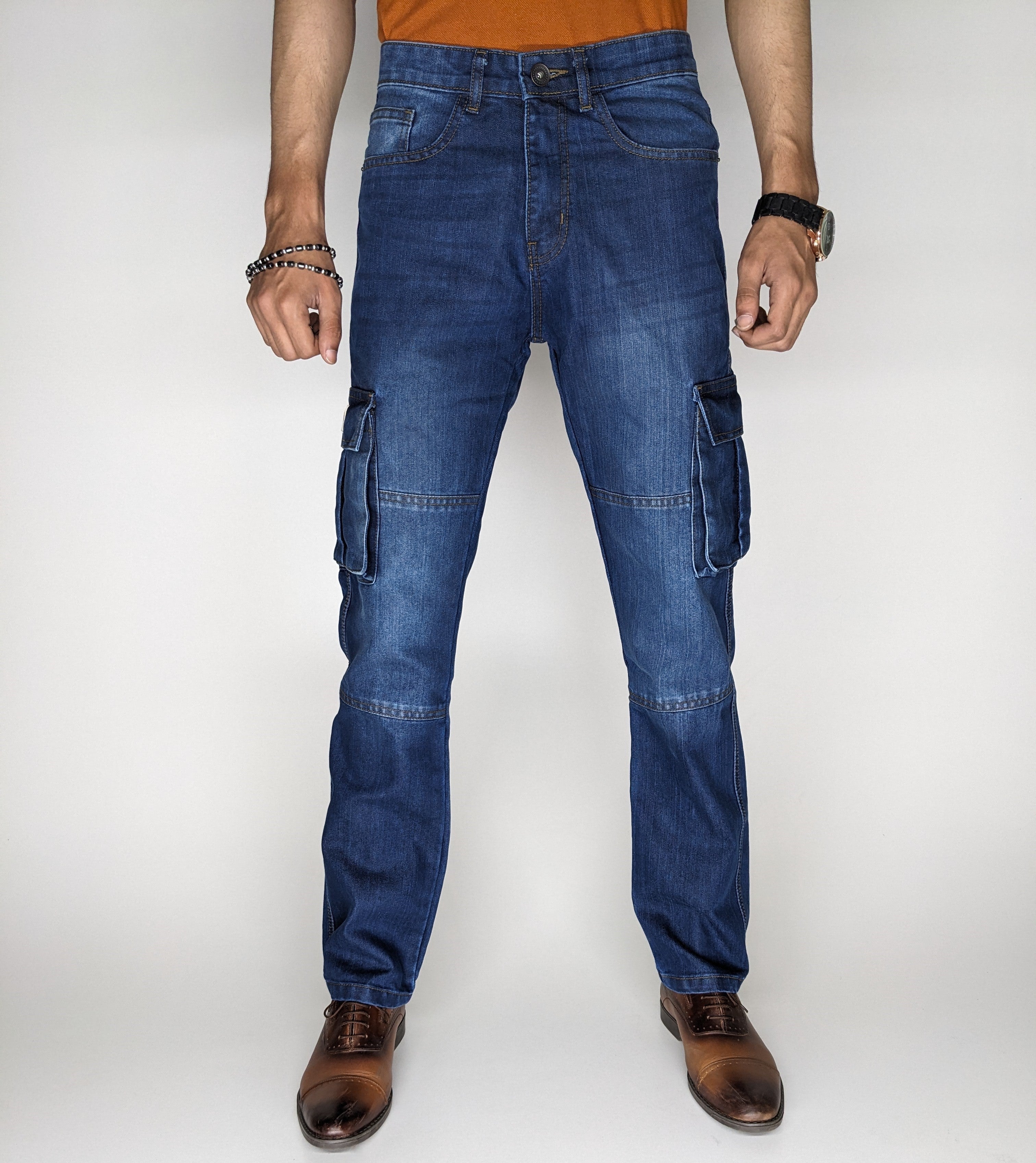 STRAIGHT FIT CARGO DENIM PANT (MID BLUE)