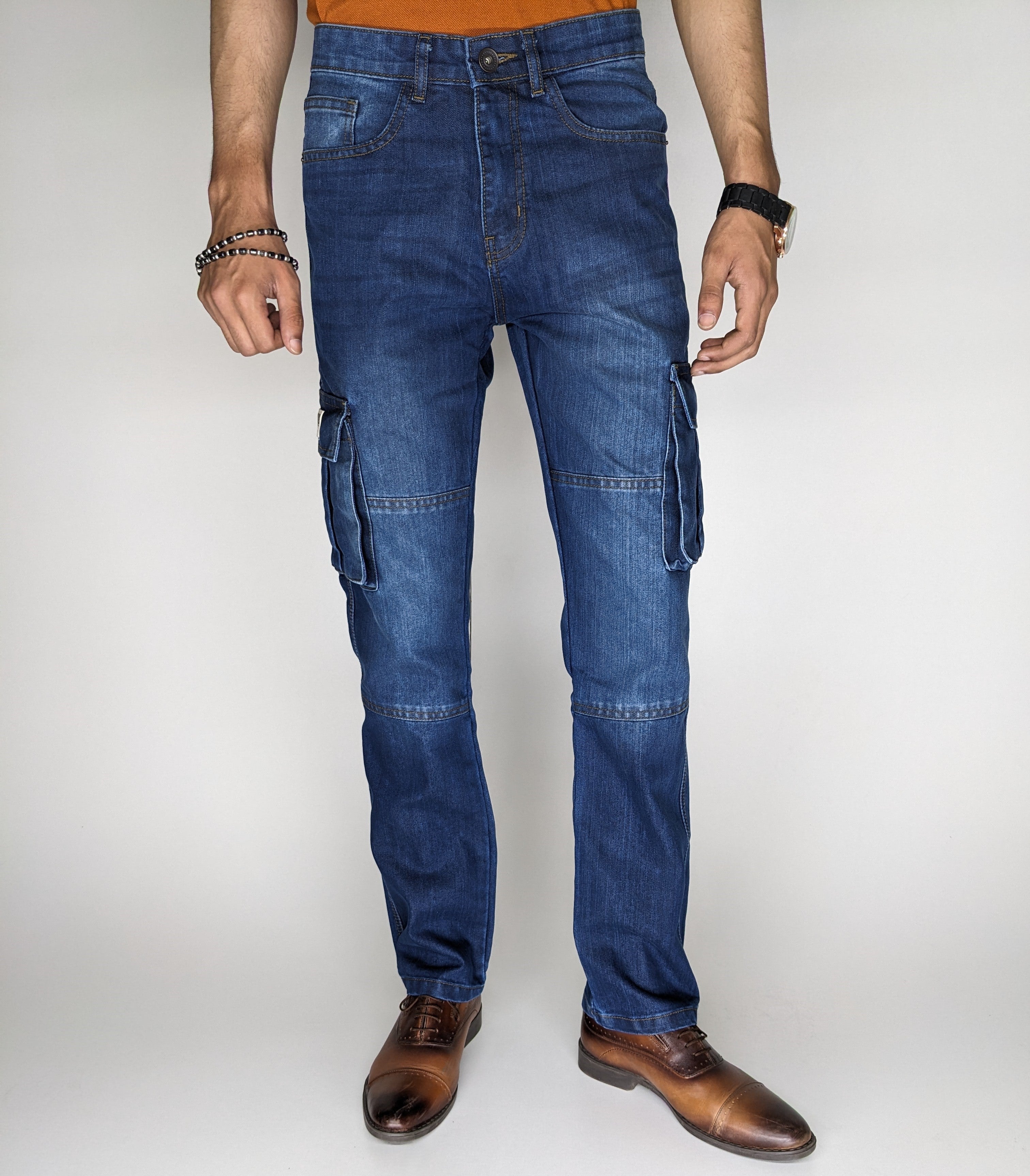 STRAIGHT FIT CARGO DENIM PANT (MID BLUE)