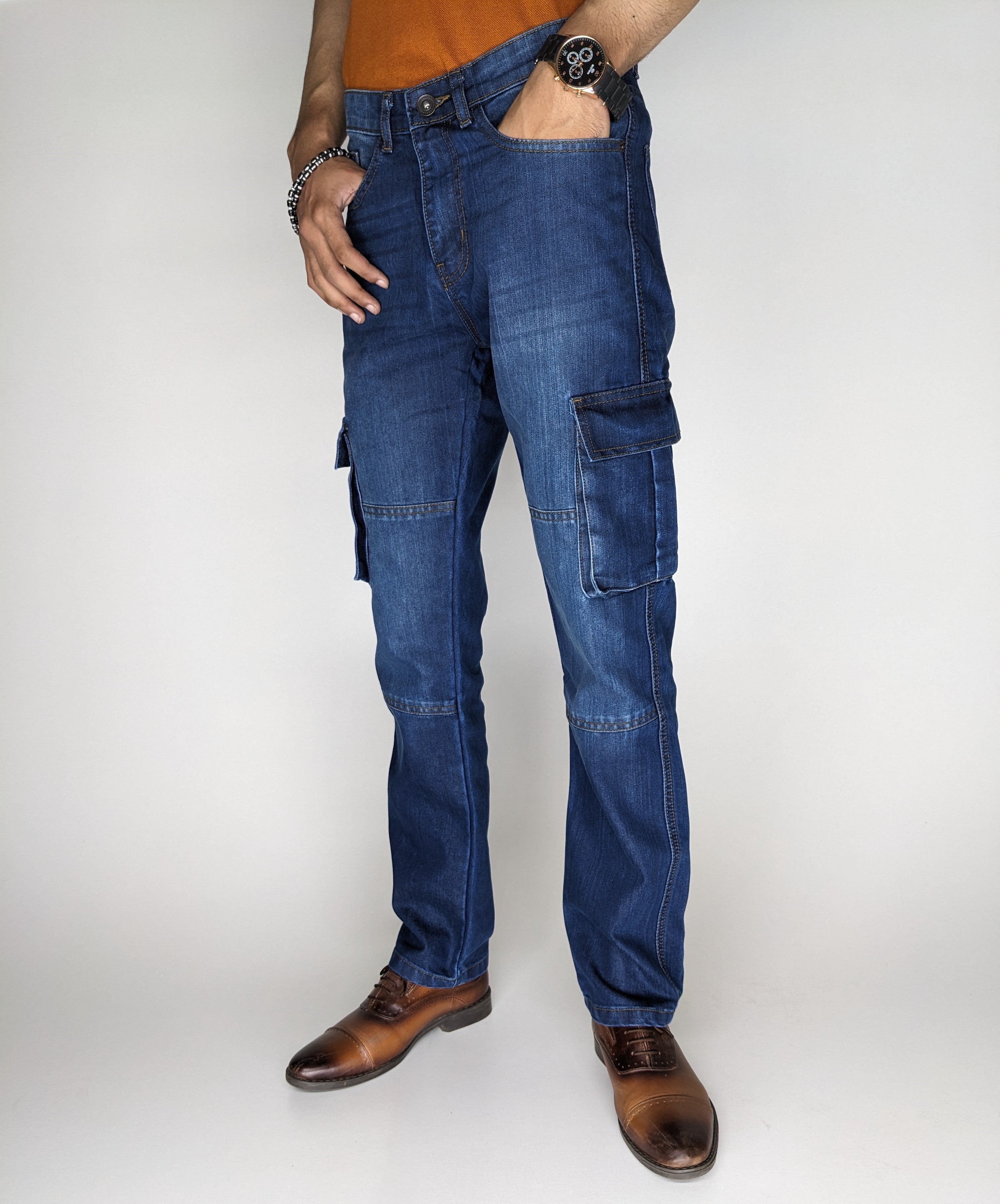STRAIGHT FIT CARGO DENIM PANT (MID BLUE)