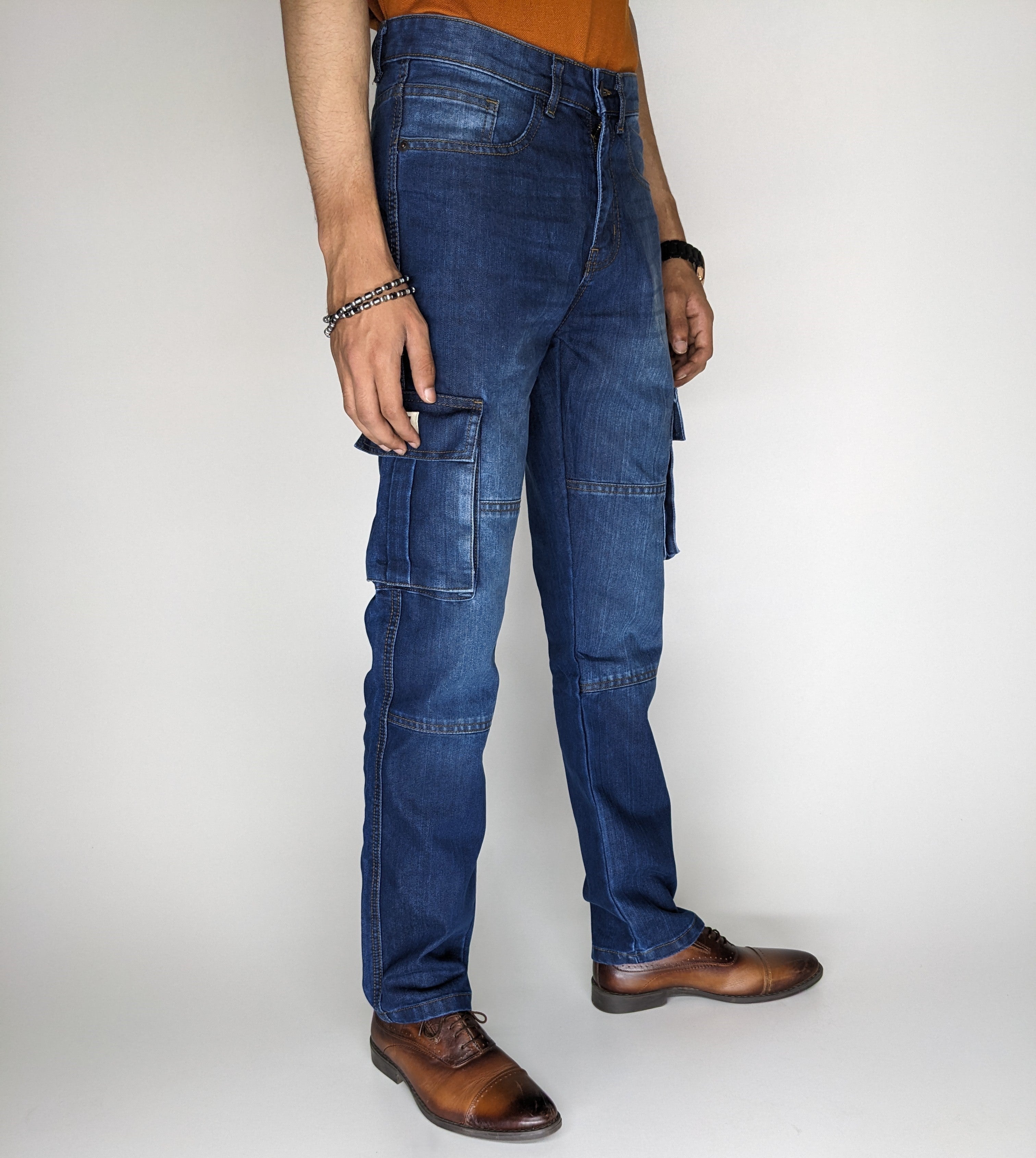 STRAIGHT FIT CARGO DENIM PANT (MID BLUE)