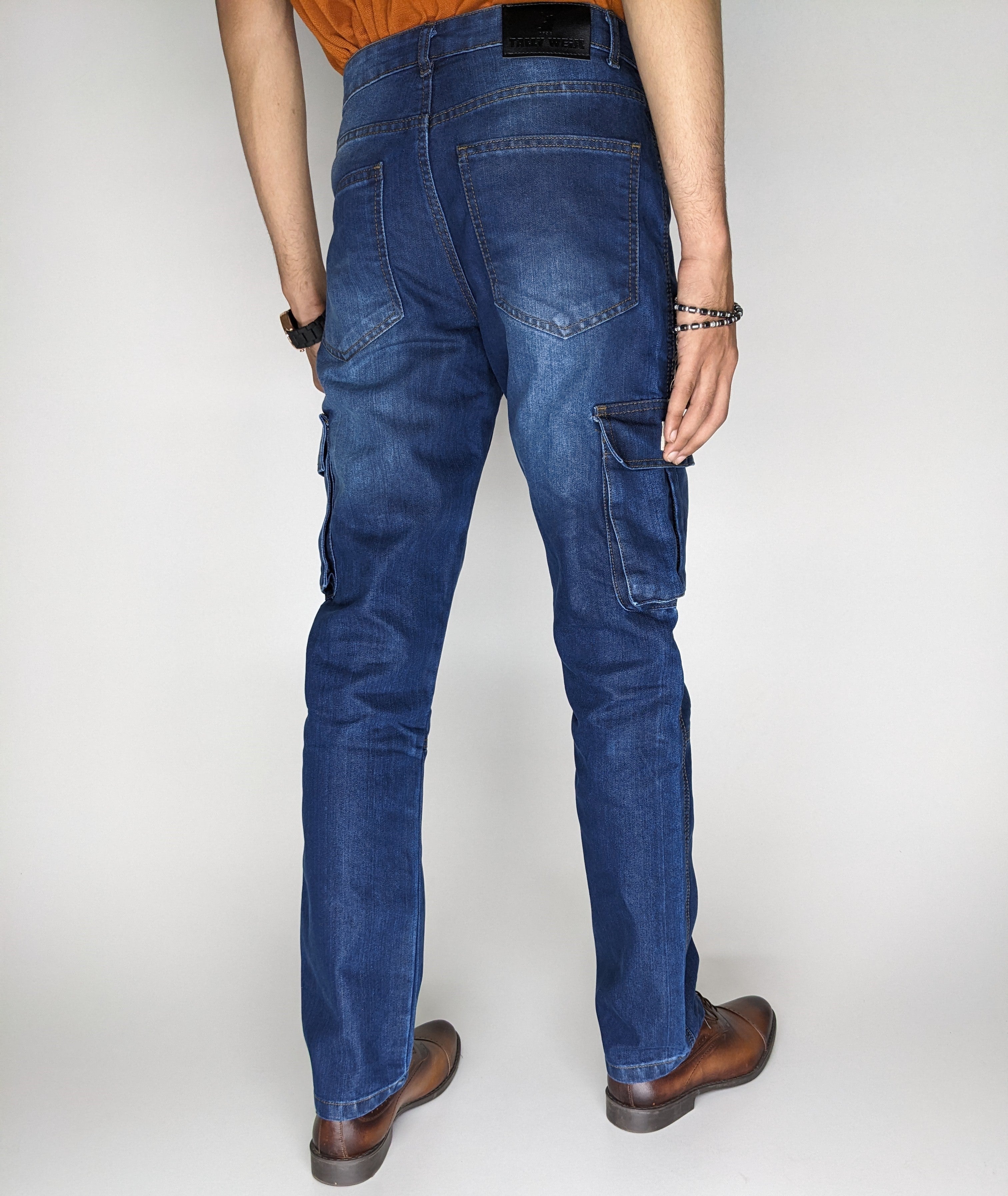 STRAIGHT FIT CARGO DENIM PANT (MID BLUE)