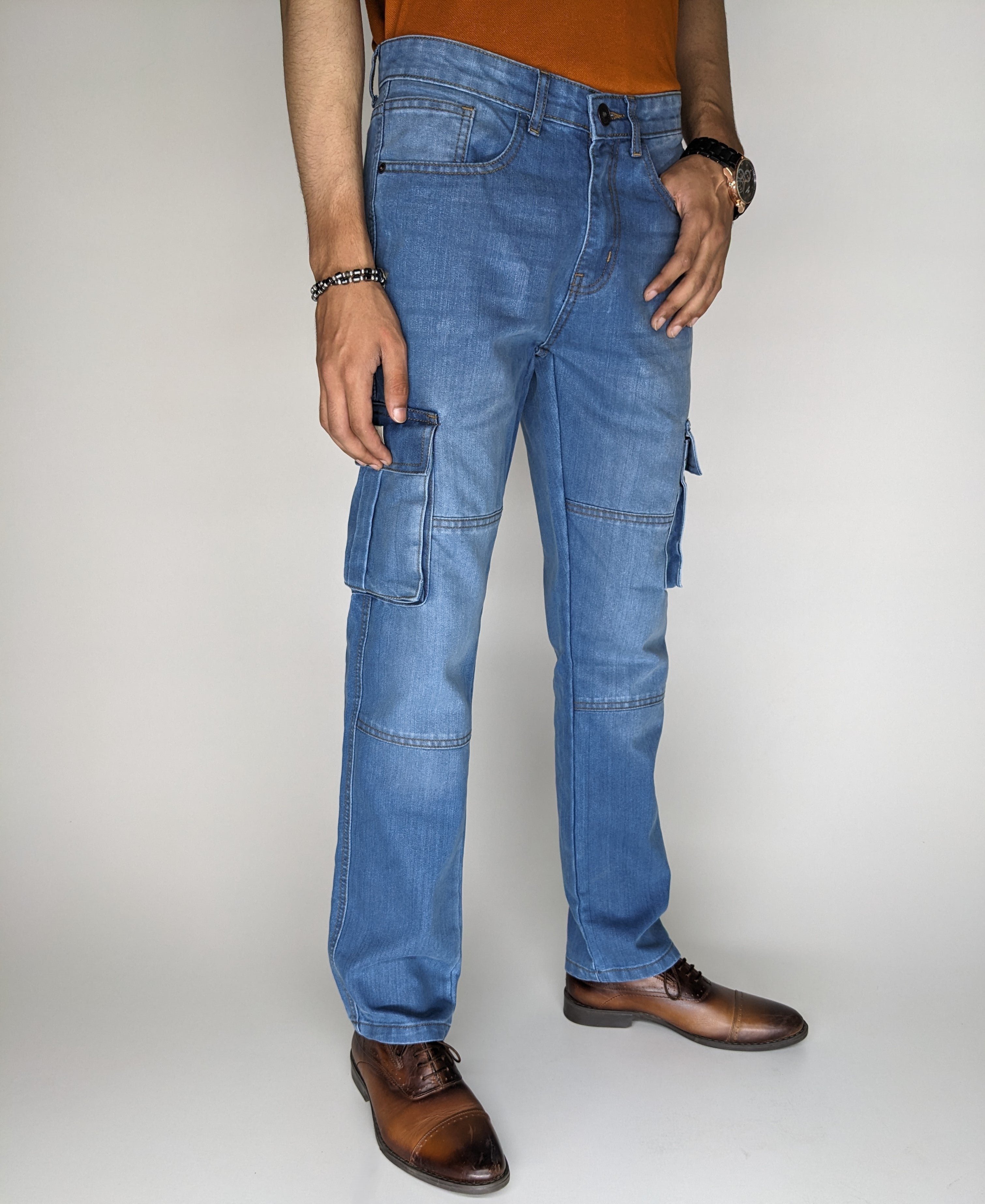 STRAIGHT FIT CARGO DENIM PANT (LIGHT BLUE)