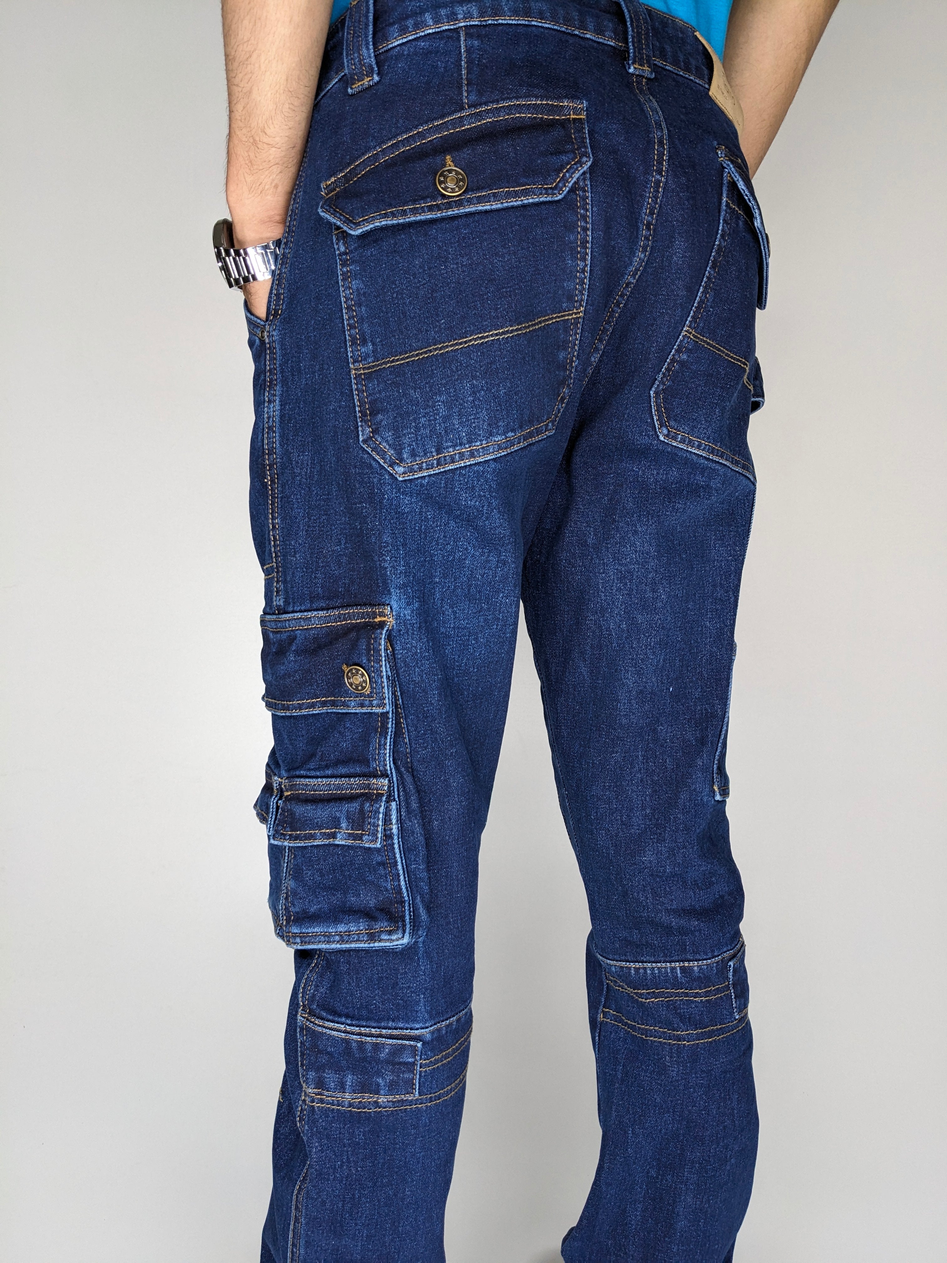 HEAVY FASHION DENIM CARGO PANT (DARK BLUE)