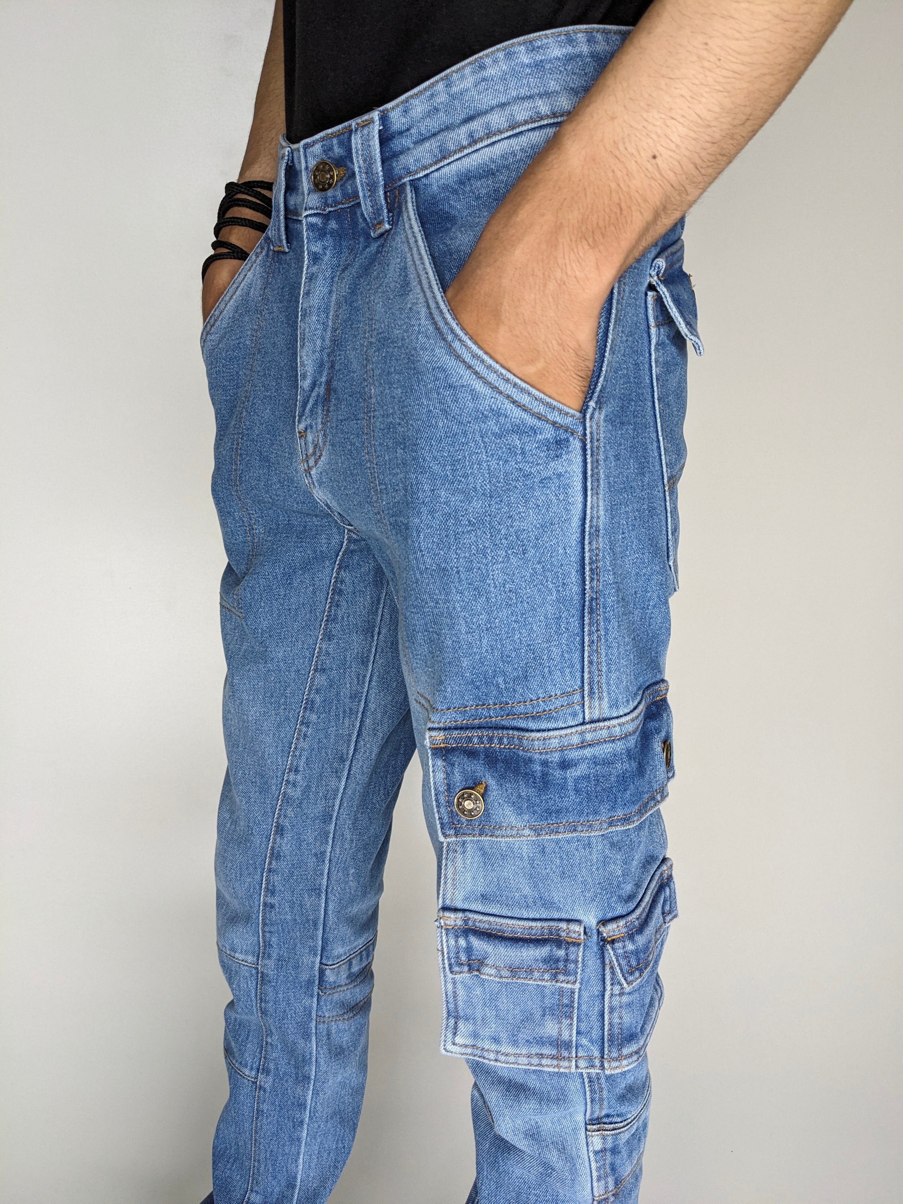 HEAVY FASHION DENIM CARGO PANT (LIGHT BLUE)