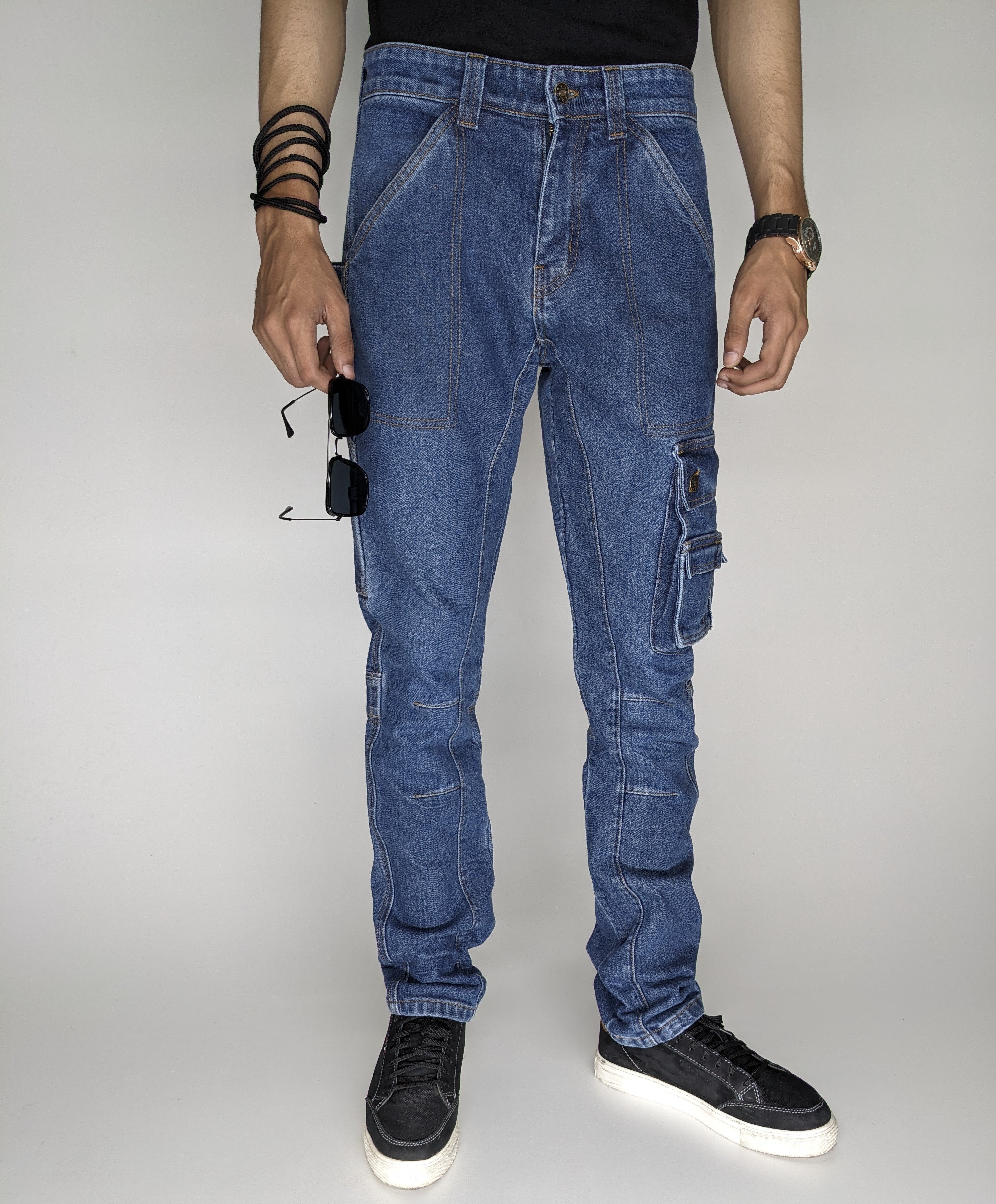 HEAVY FASHION DENIM CARGO PANT (MID BLUE)