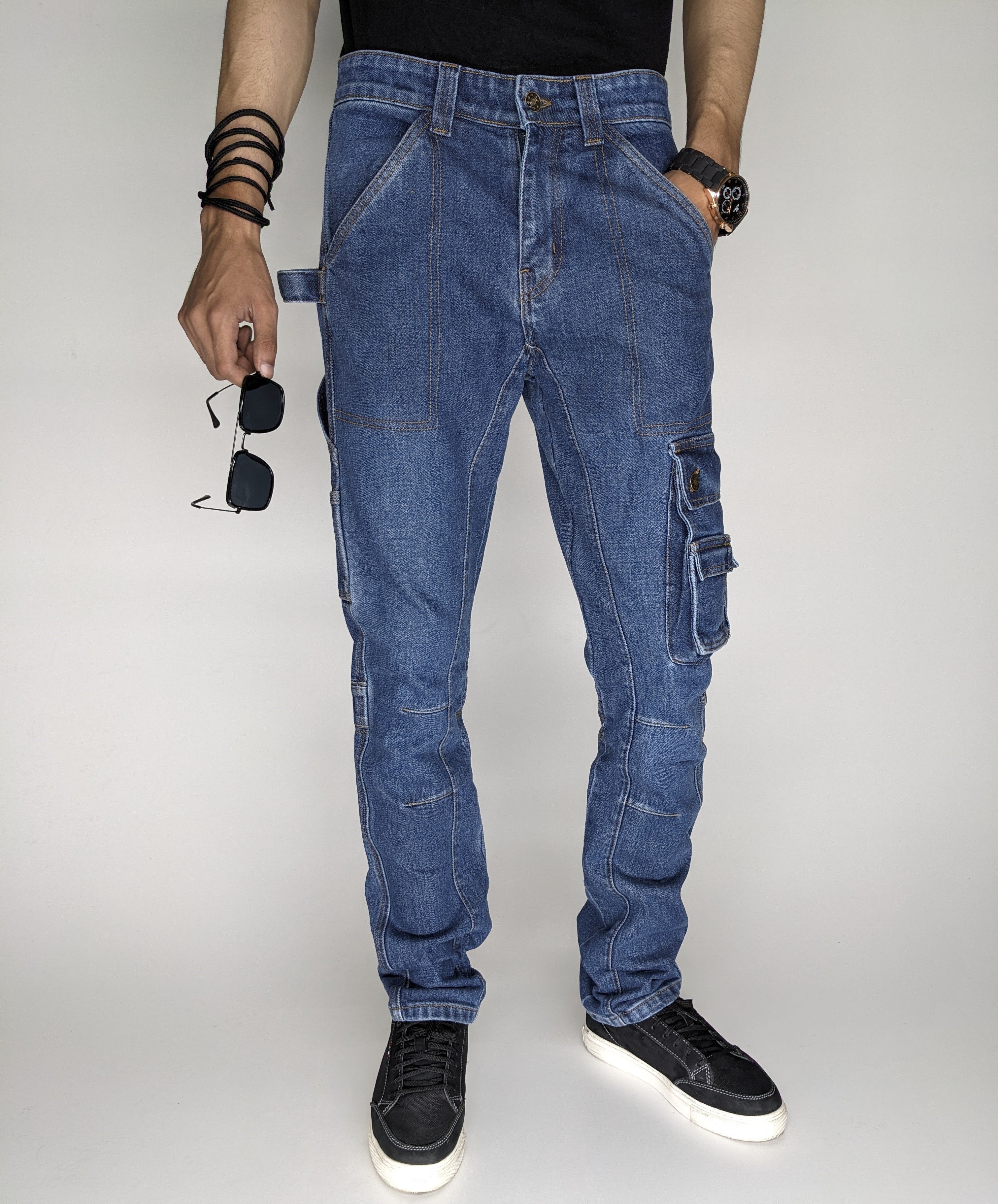 HEAVY FASHION DENIM CARGO PANT (MID BLUE)