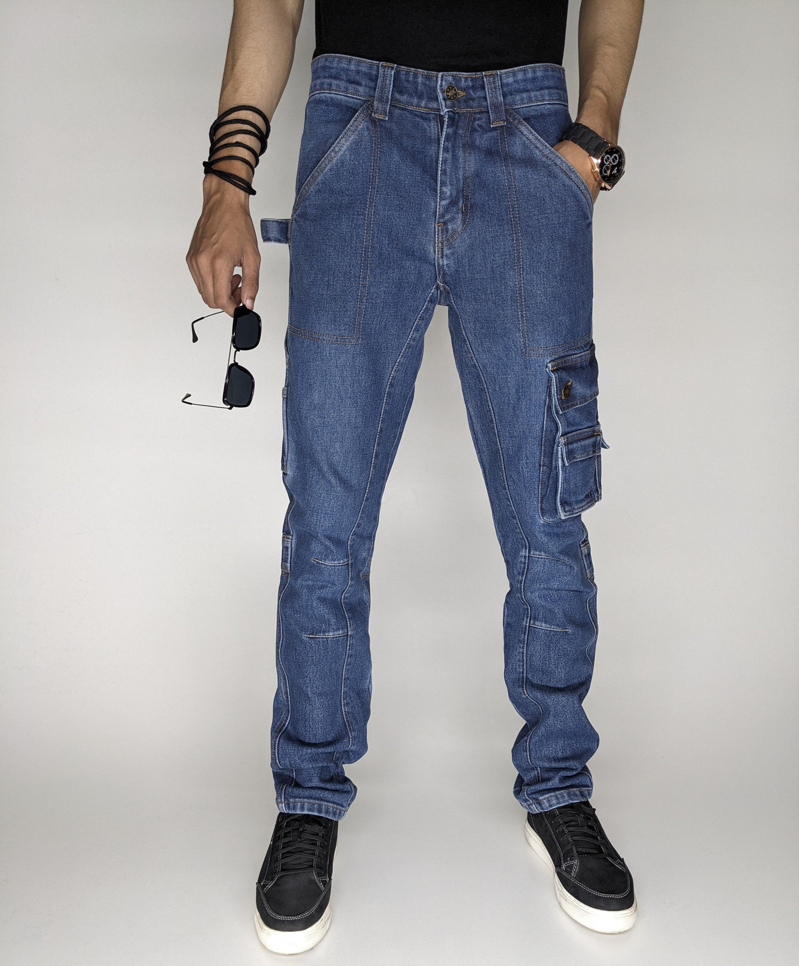 HEAVY FASHION DENIM CARGO PANT (MID BLUE)