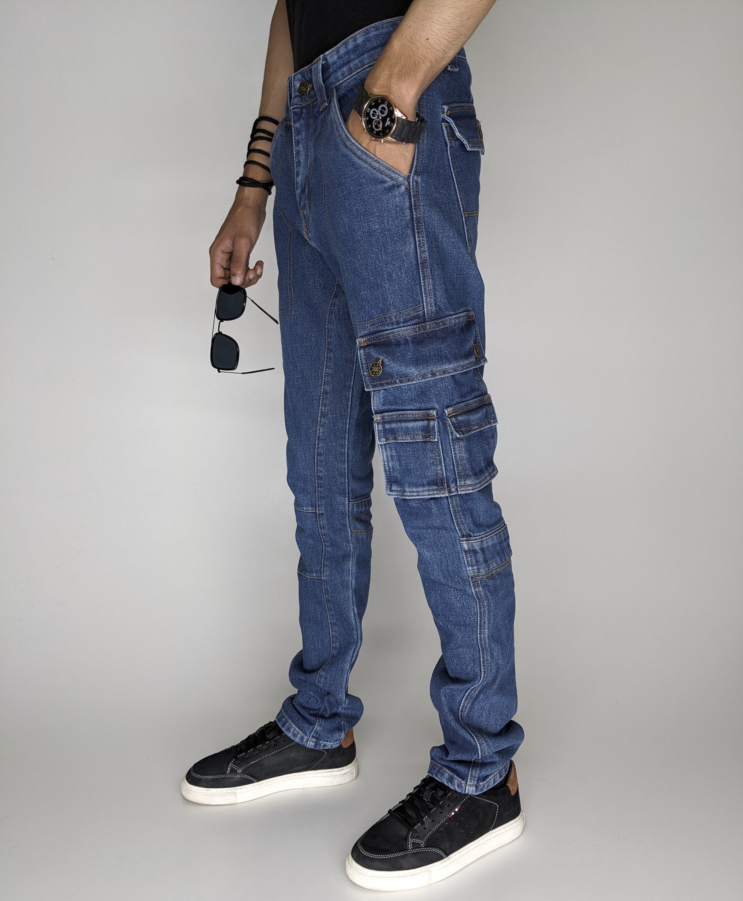 HEAVY FASHION DENIM CARGO PANT (MID BLUE)