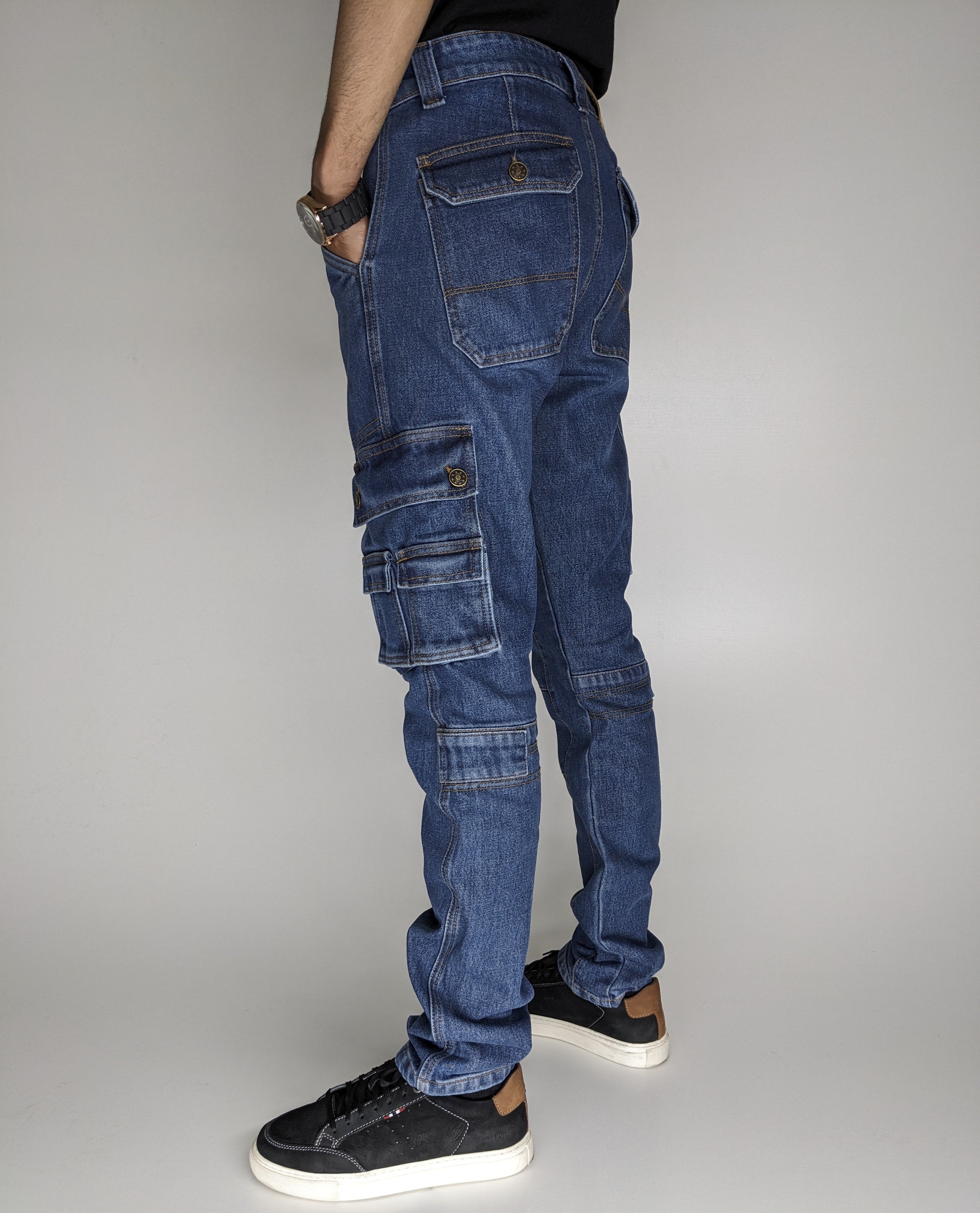 HEAVY FASHION DENIM CARGO PANT (MID BLUE)