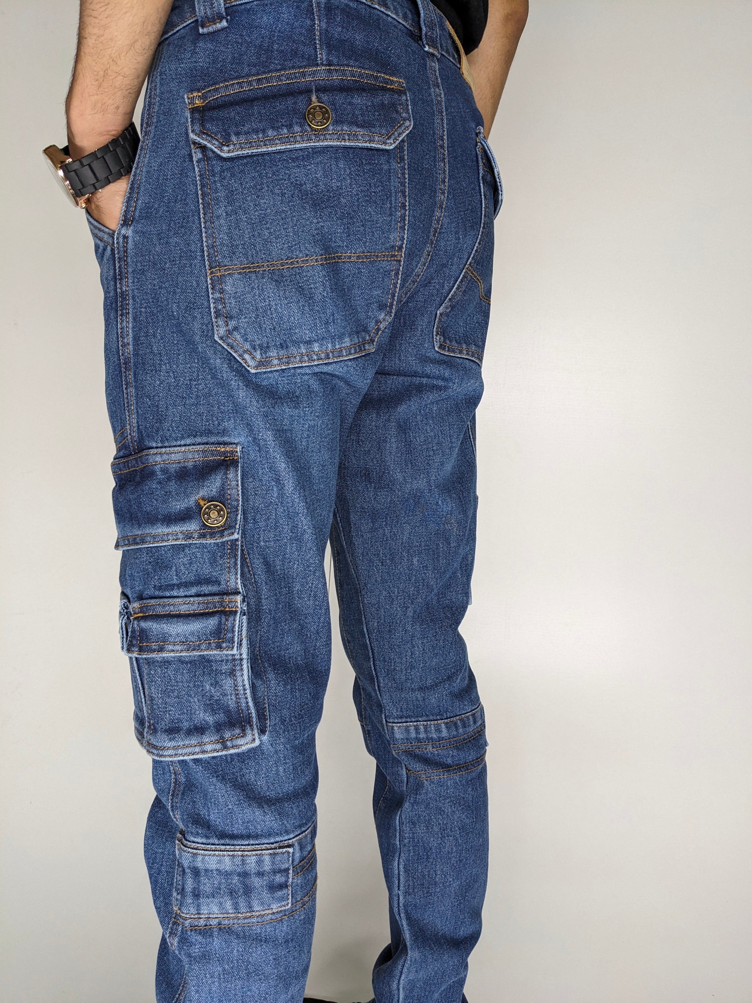 HEAVY FASHION DENIM CARGO PANT (MID BLUE)