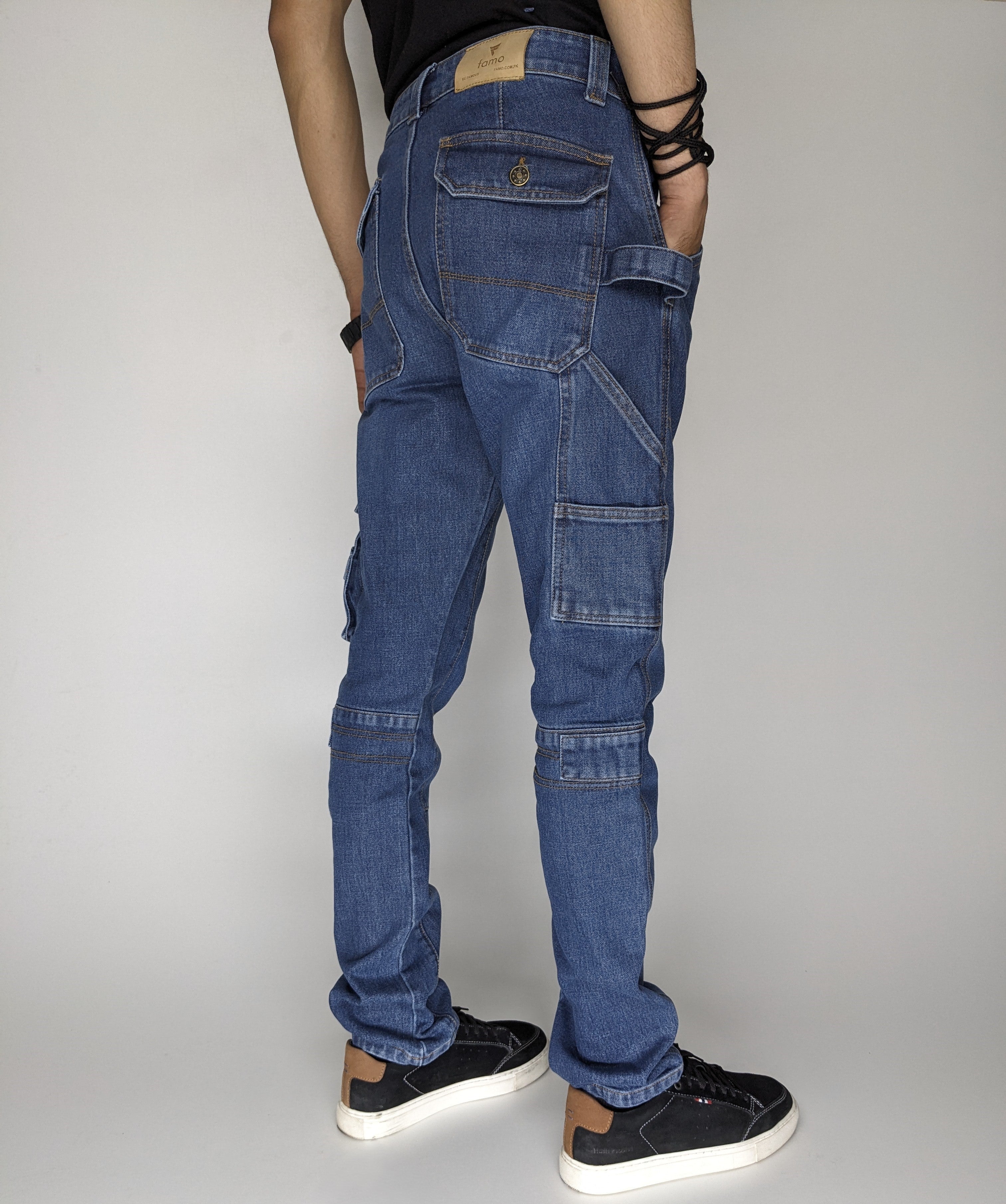 HEAVY FASHION DENIM CARGO PANT (MID BLUE)