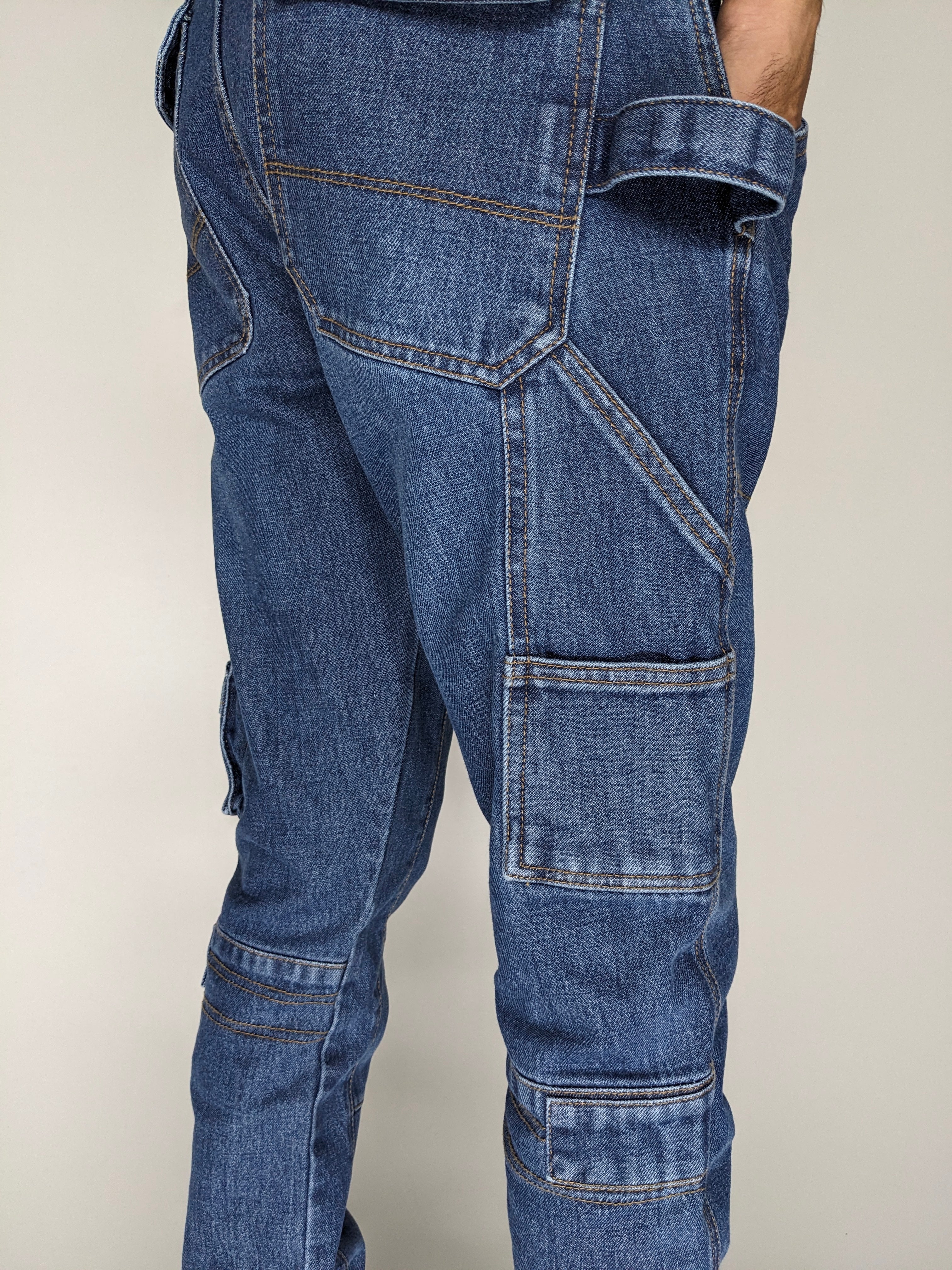 HEAVY FASHION DENIM CARGO PANT (MID BLUE)