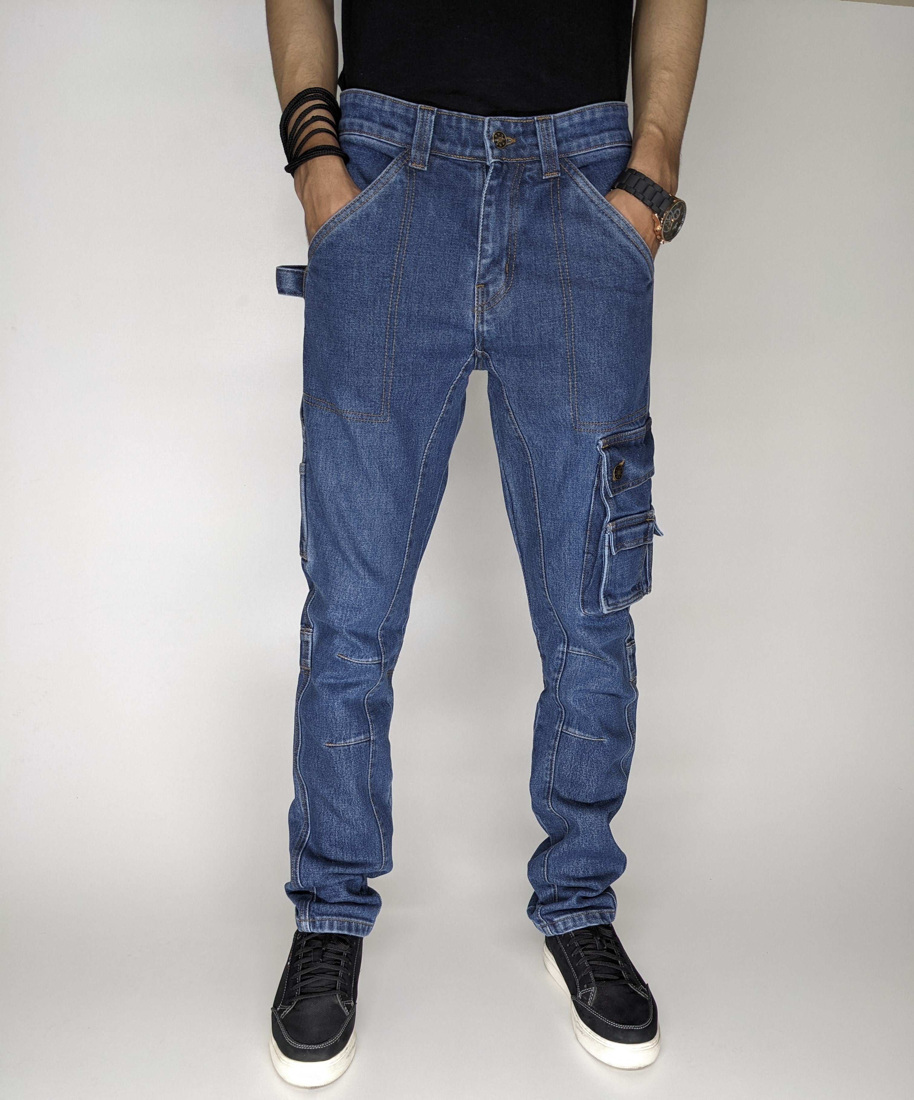 HEAVY FASHION DENIM CARGO PANT (MID BLUE)