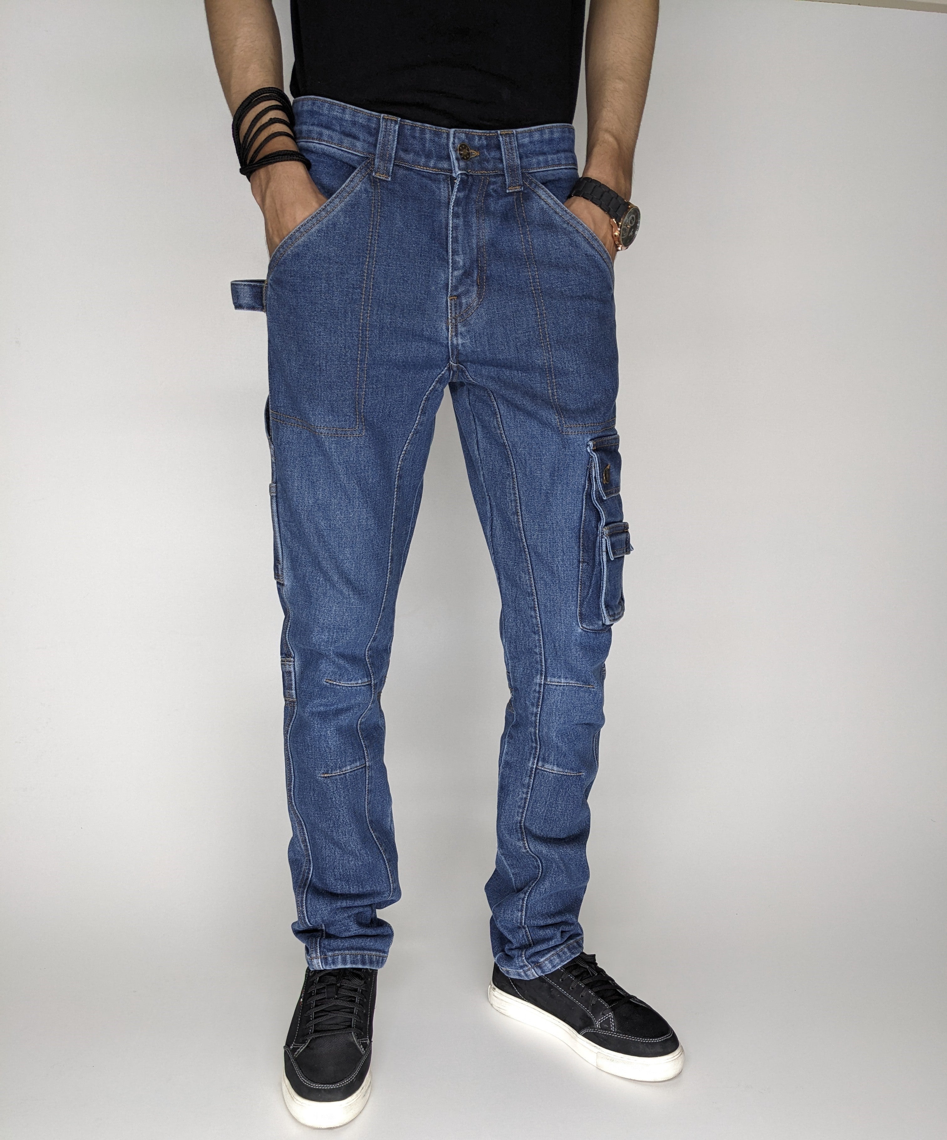 HEAVY FASHION DENIM CARGO PANT (MID BLUE)