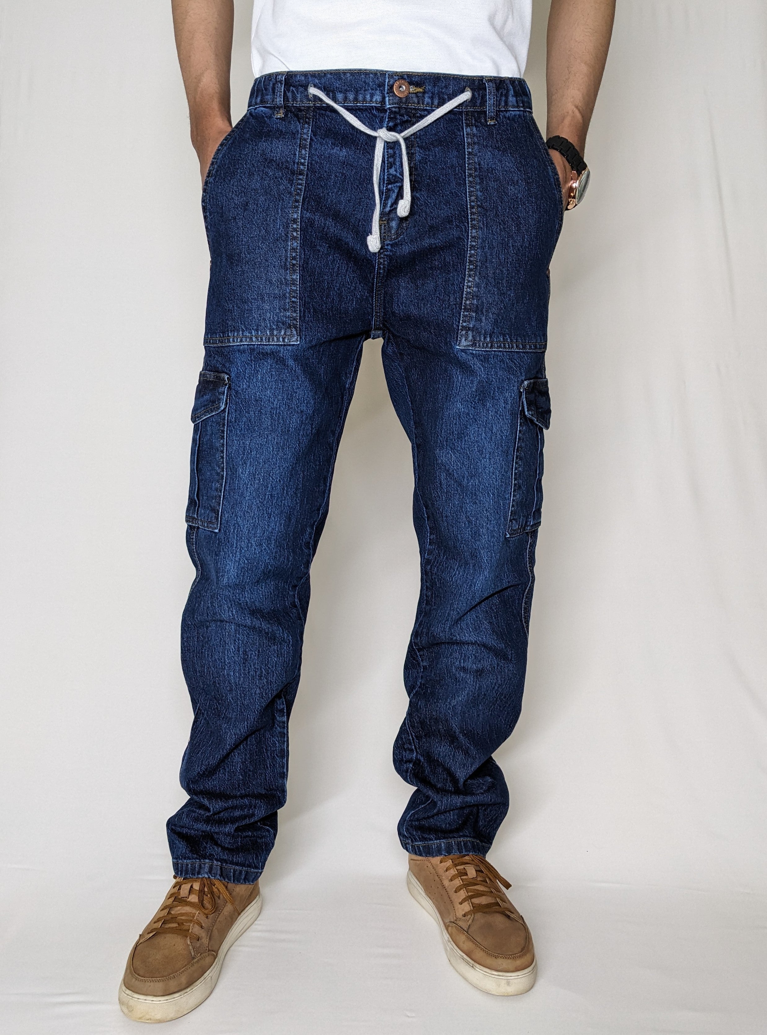 CARGO DENIM PANT WITH ELASTIC BELT AND ROPE (DARK BLUE)