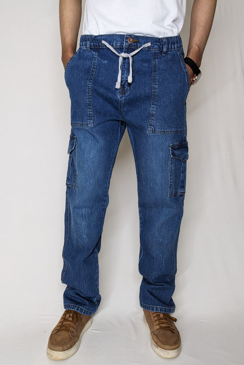 CARGO DENIM PANT WITH ELASTIC BELT AND ROPE (MID BLUE)