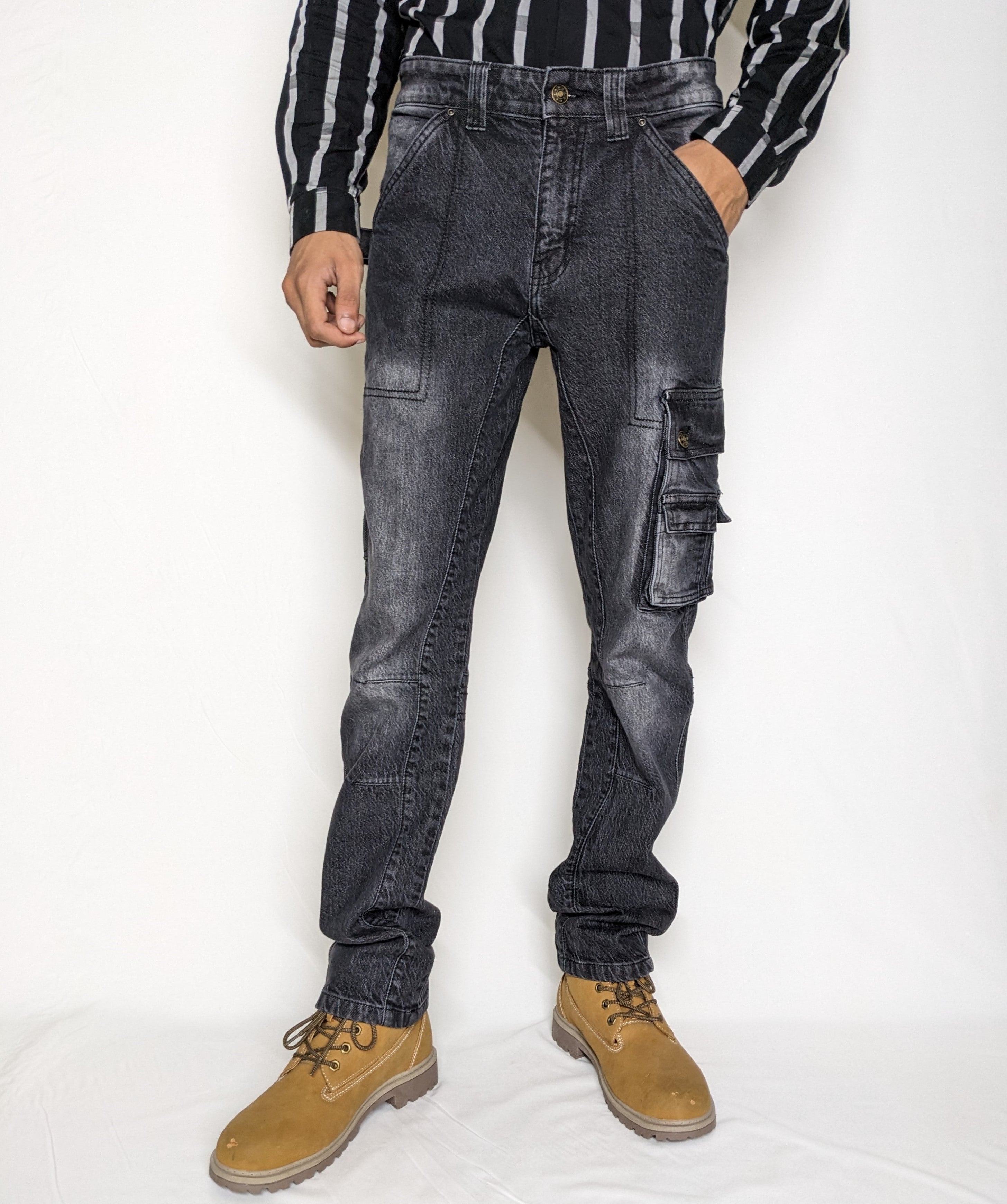 HEAVY FASHION DENIM CARGO PANT (BLACKISH GRAY)