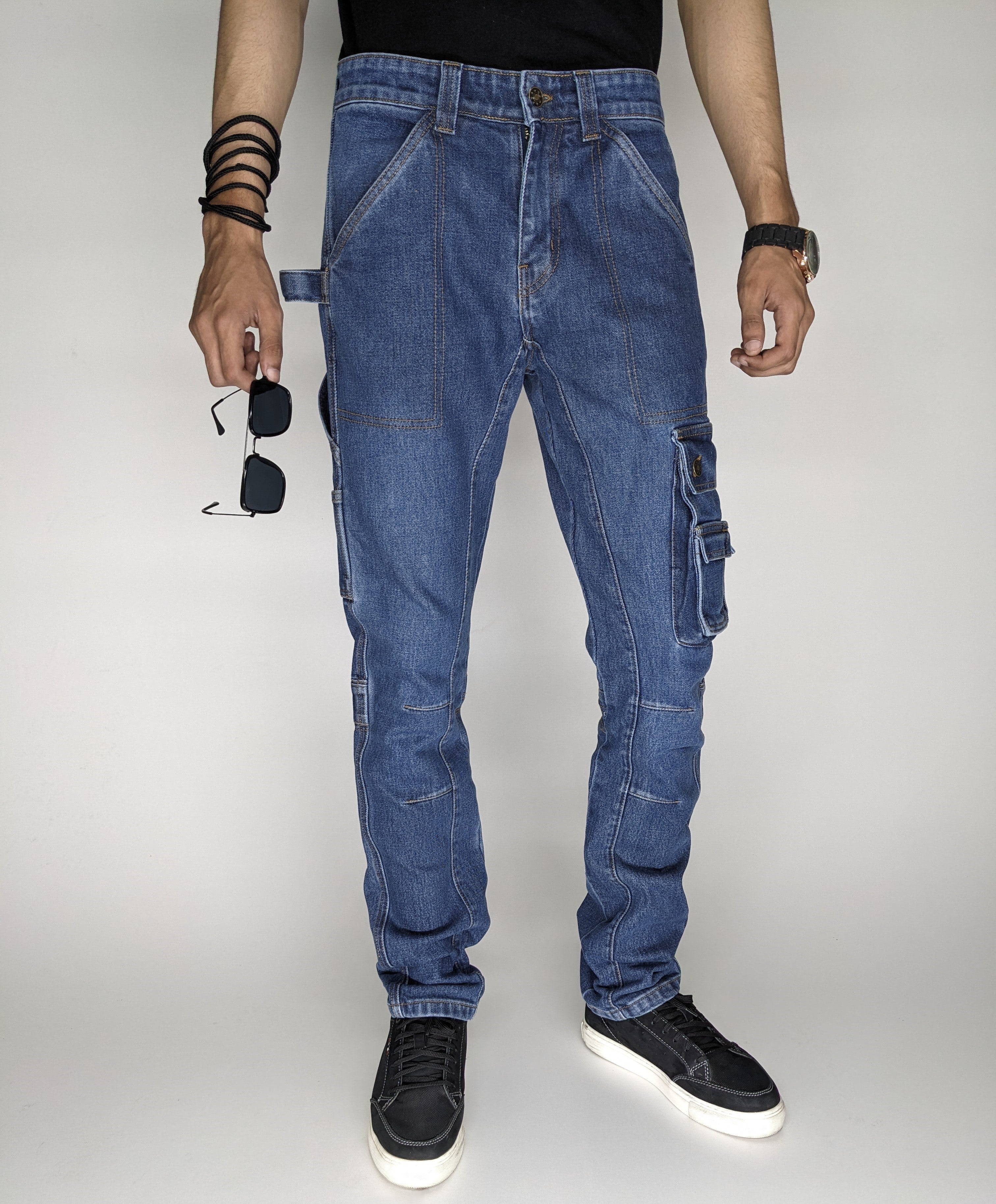 HEAVY FASHION DENIM CARGO PANT (MID BLUE)
